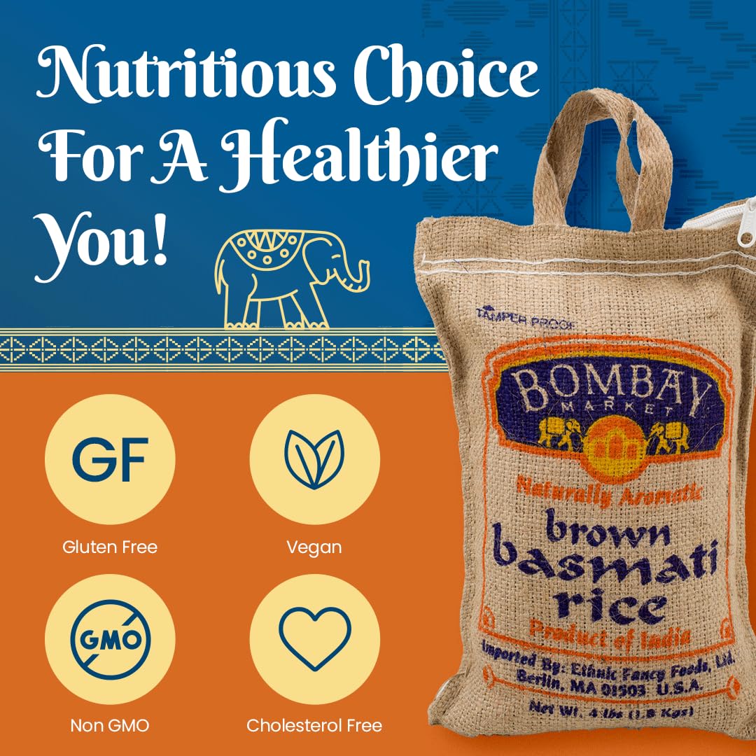 Bombay Market Brown Basmati Rice - Aromatic & Nutty Flavor Basmati Rice - Long Grain Rice Basmati (4 Pound Bag)