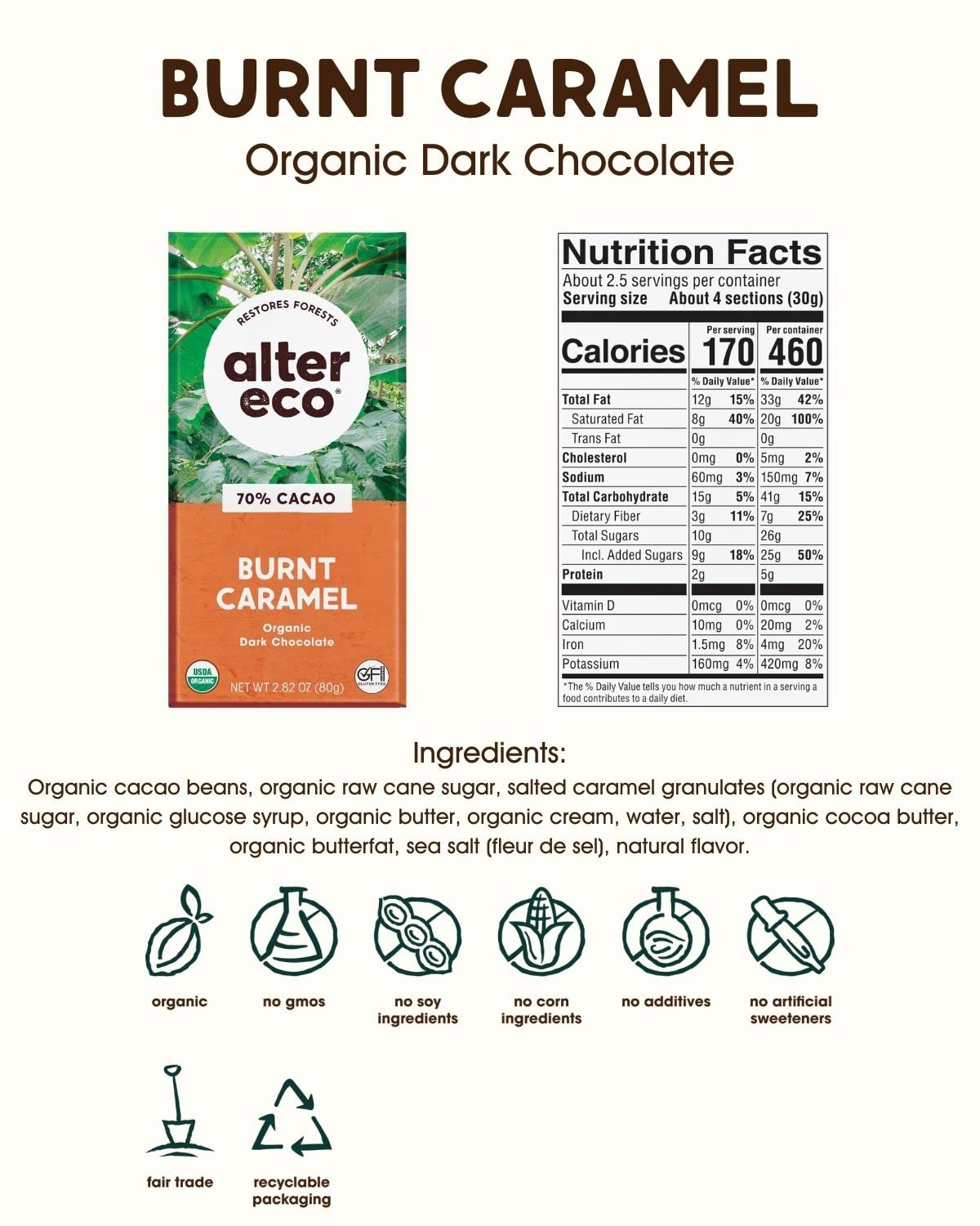 Alter Eco | Dark Chocolate Bars | Pure Dark Cocoa, Fair Trade, Organic, Non-Gmo, Gluten Free (6-Pack Burnt Caramel)