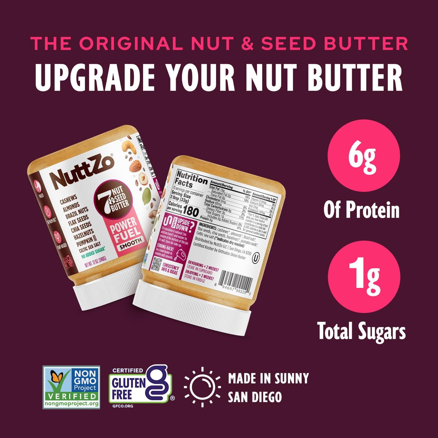 Natural Power Fuel Smooth Nut Butter by NuttZo | 7 Nuts & Seeds Blend, Paleo, Non-GMO, Gluten-Free, Vegan, Kosher | Peanut-Free,