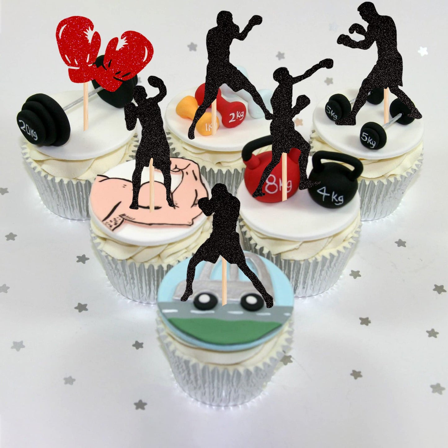 YCTHUNFISH 36 Pack Boxing Cupcake Toppers - Glitter Boxing Gloves, Gym Theme Decorations for Baby Shower, Birthday Party