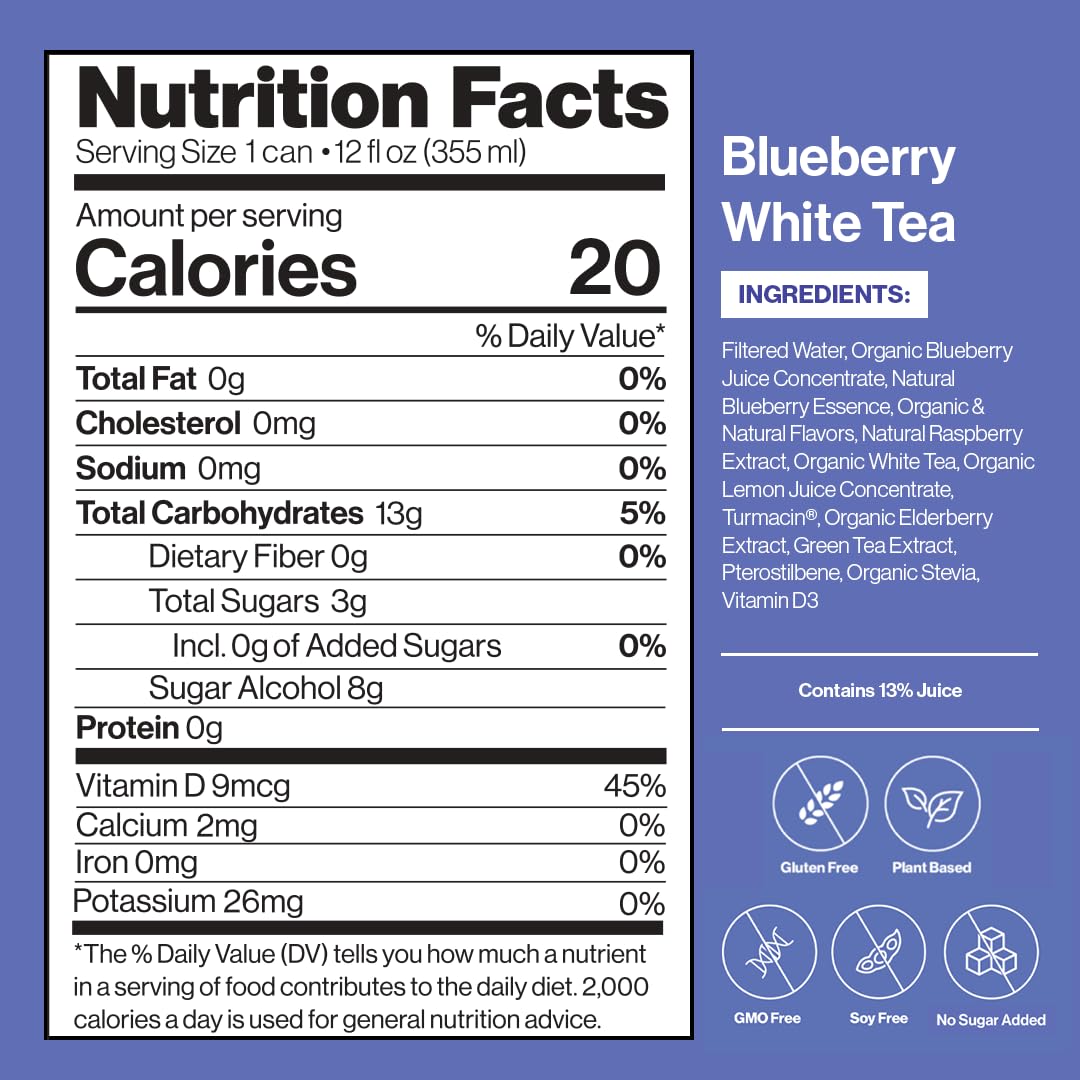 Happy Being Sparkling Blueberry White Tea, Infused with Turmeric & Elderberry, Caffeine Free, 12oz (4 Pack)