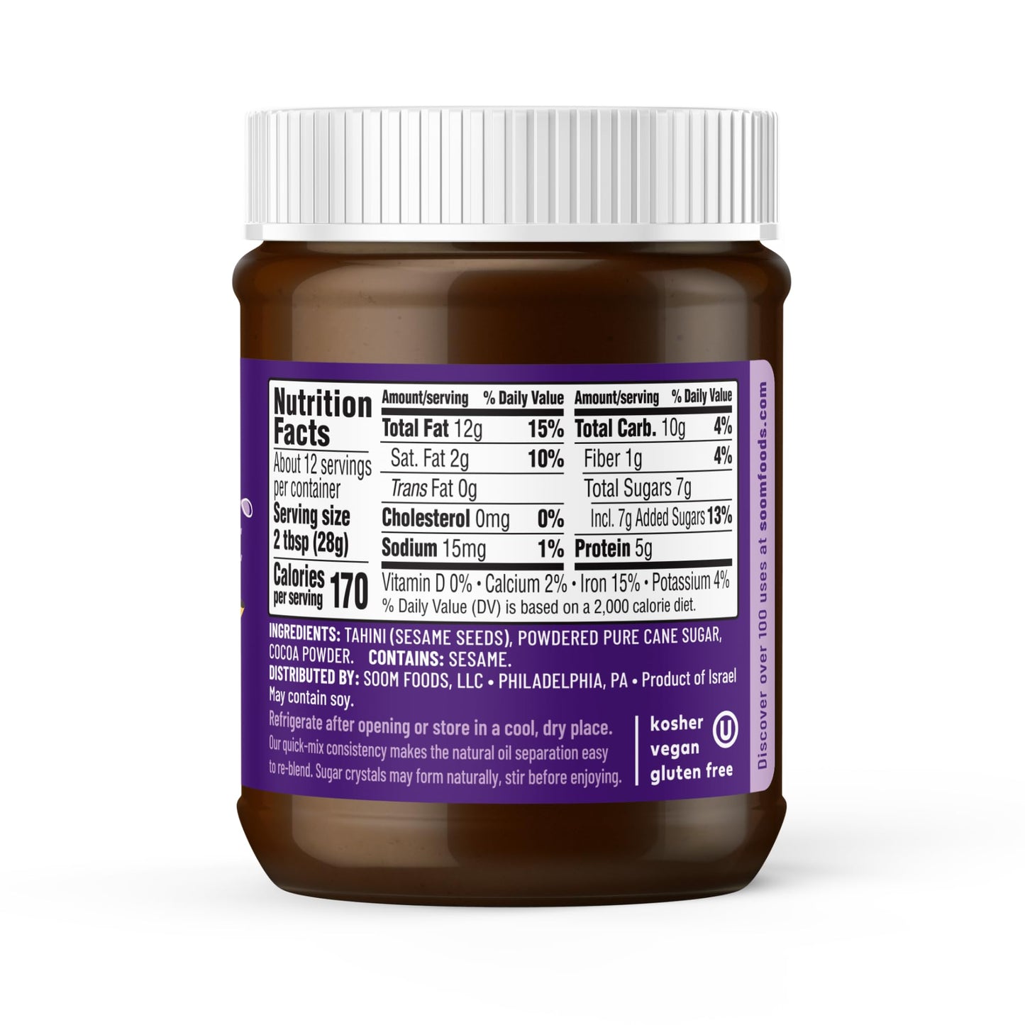 Soom Foods Chocolate Sesame Spread - 12oz (2 Pack) | Made with 3 Ingredients, Low Sugar, Dairy-Free, Nut-Free, Gluten-Free, Palm