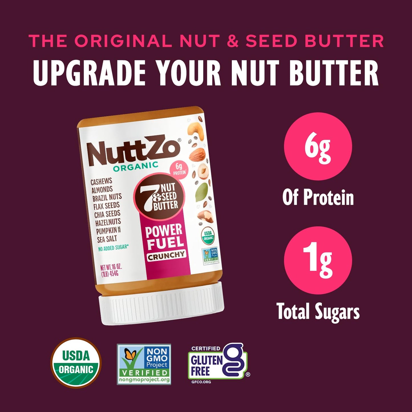 NuttZo Organic Power Fuel 7 Nuts and Seeds Butter, Crunchy, Paleo and Keto Friendly, Peanut and Gluten Free, Kosher, No Added Su