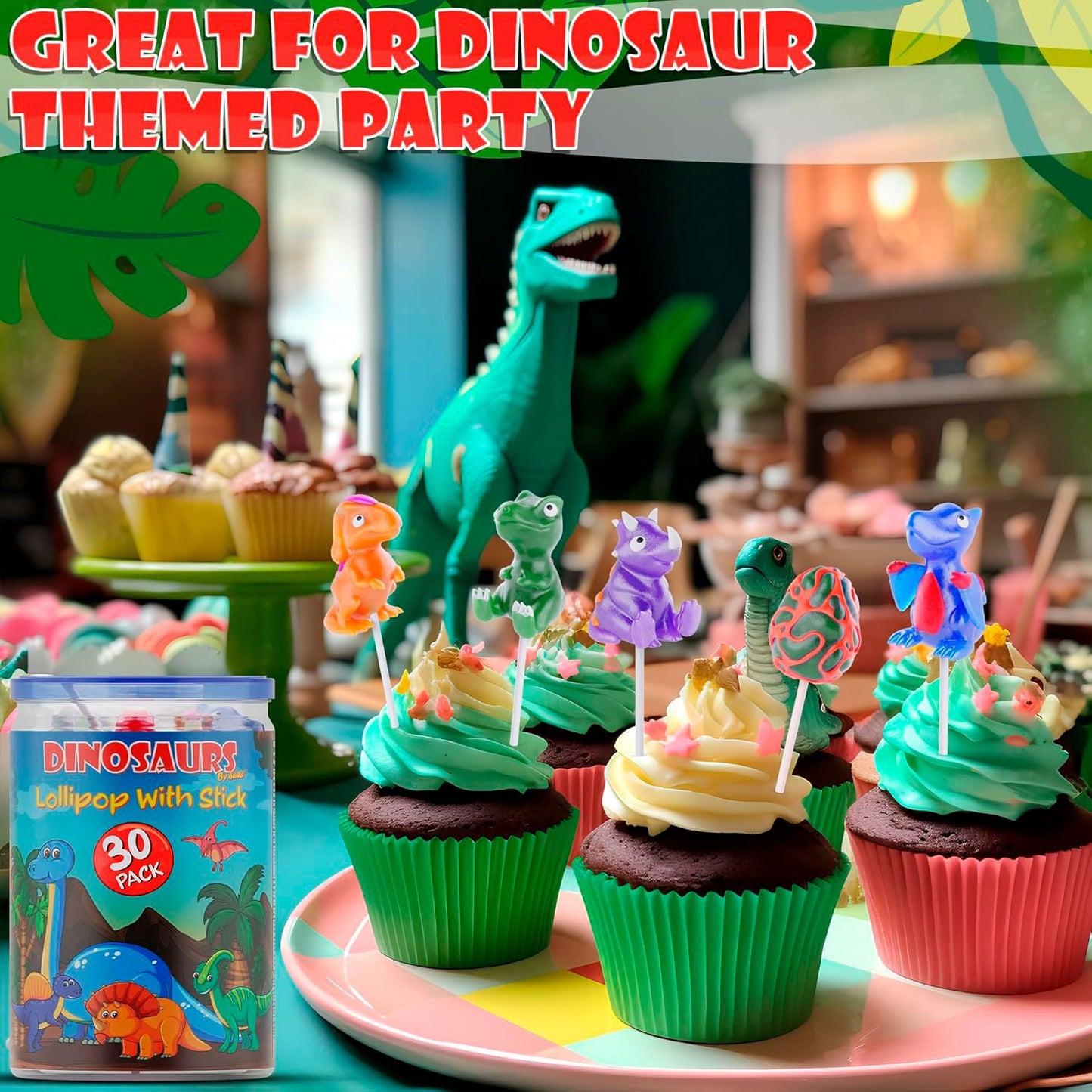 Primary Colors Candy Dinosaur Lollipops 30pk - Multicolor Dino Candy for Party Favors