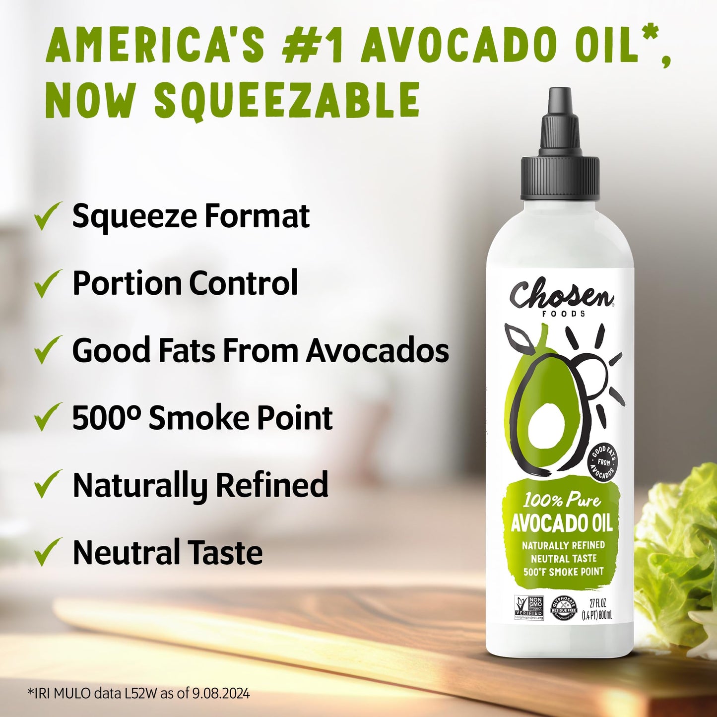 Chosen Foods 100% Pure Avocado Oil Squeeze Bottle - 27 Fl Oz - For Drizzling, Saut  Ing, Roasting, Searing, & Baking - High Smok