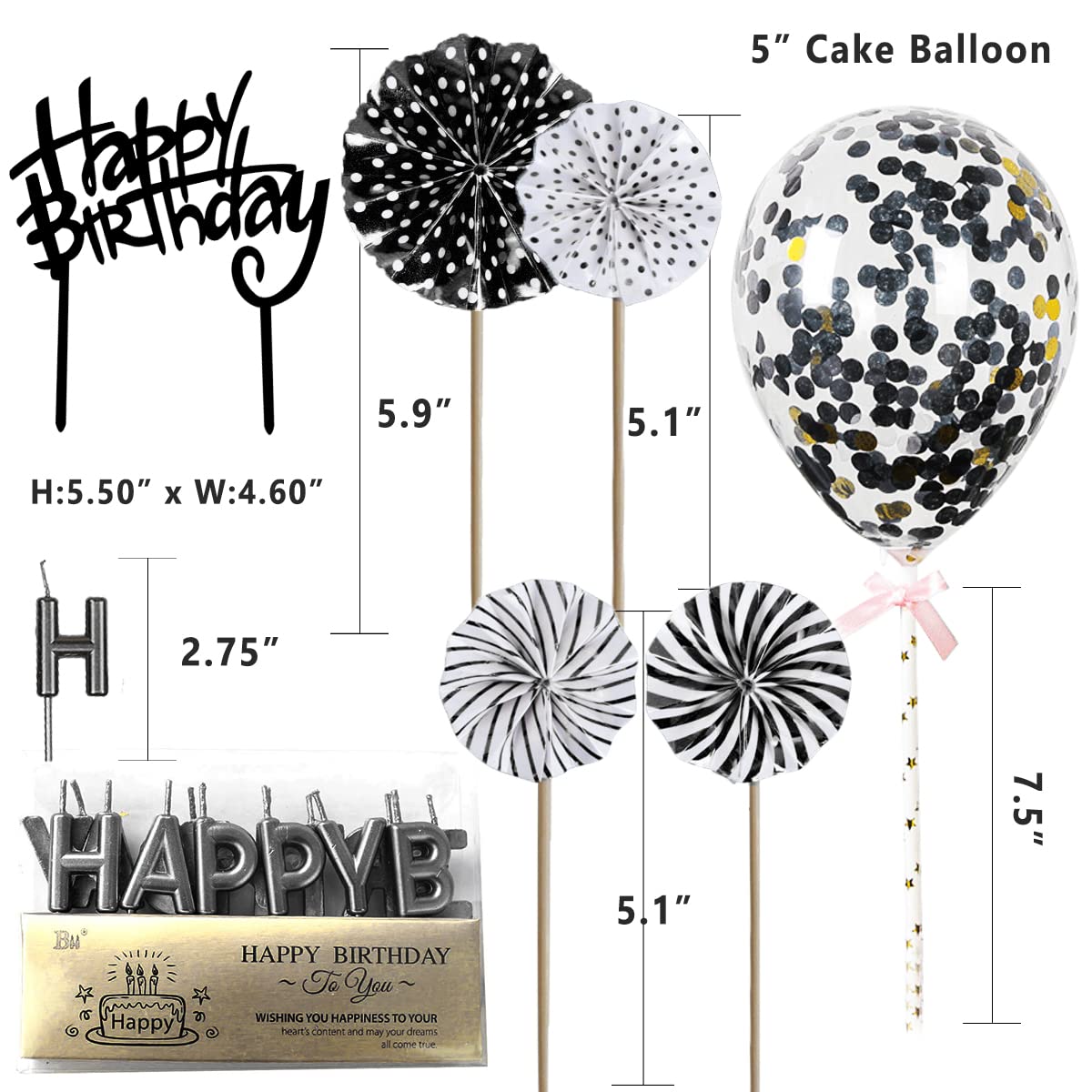 Iealods Black Cake Topper Decoration With Happy Birthday Candles, Acrylic Birthday Cake Topper, Confetti Balloon And Paper Fans