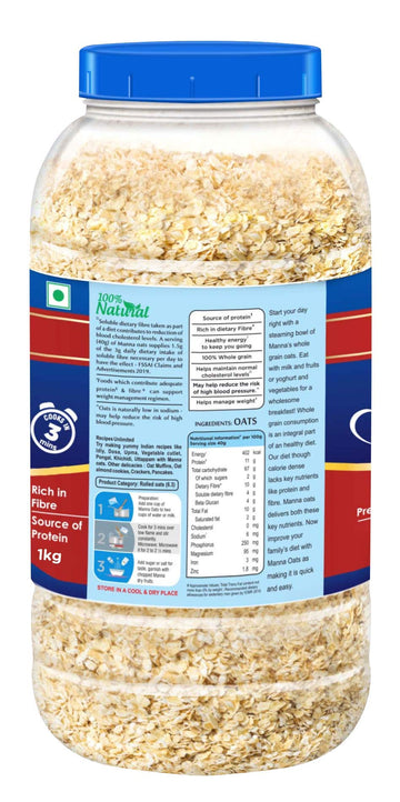 Manna Instant Oats 1Kg Jar | - White Oats High in Fibre and Protein | Helps Maintain Cholesterol. Diabetic Friendly | 100% Natur