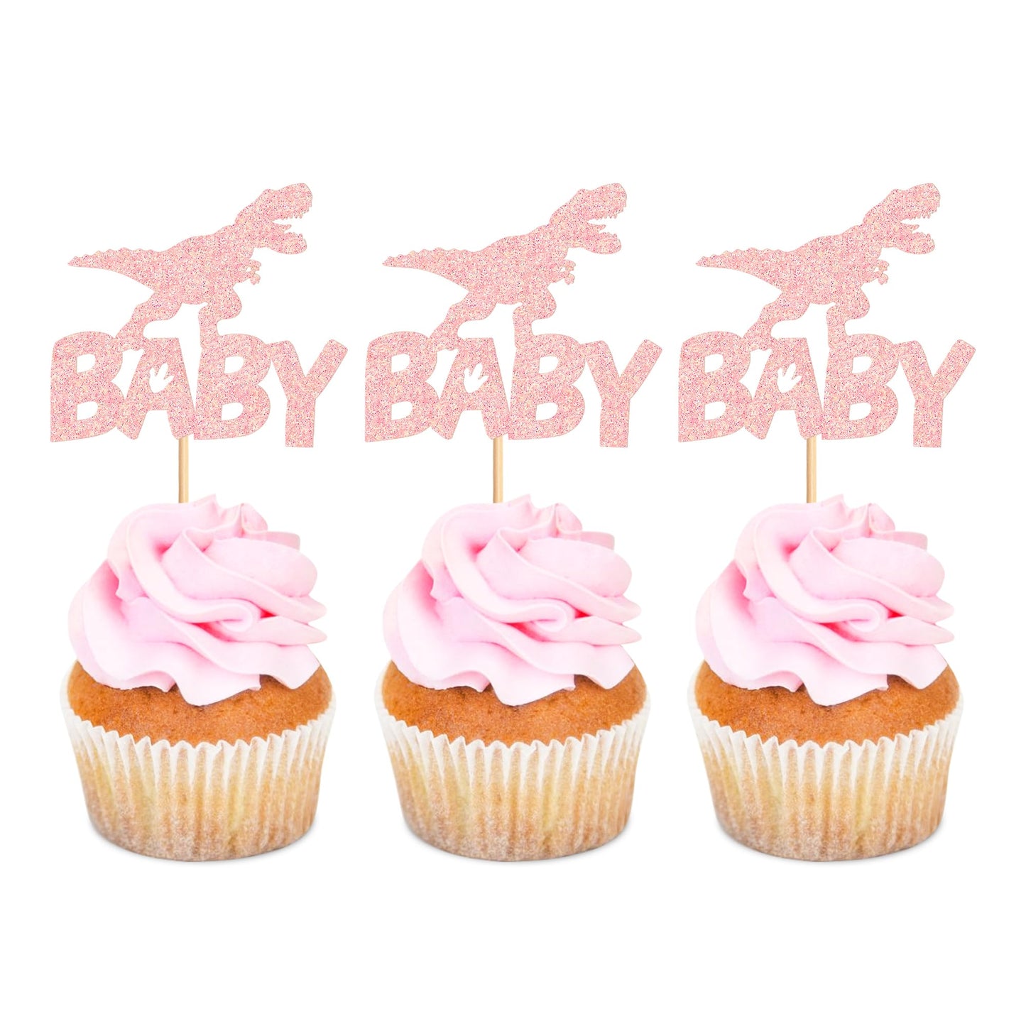 Ercadio 24 Pack Dinosaur Baby Cupcake Toppers Pink Glitter Dinosaur Baby Cupcake Picks Little Dino Baby Cupcake Picks For Dinosa