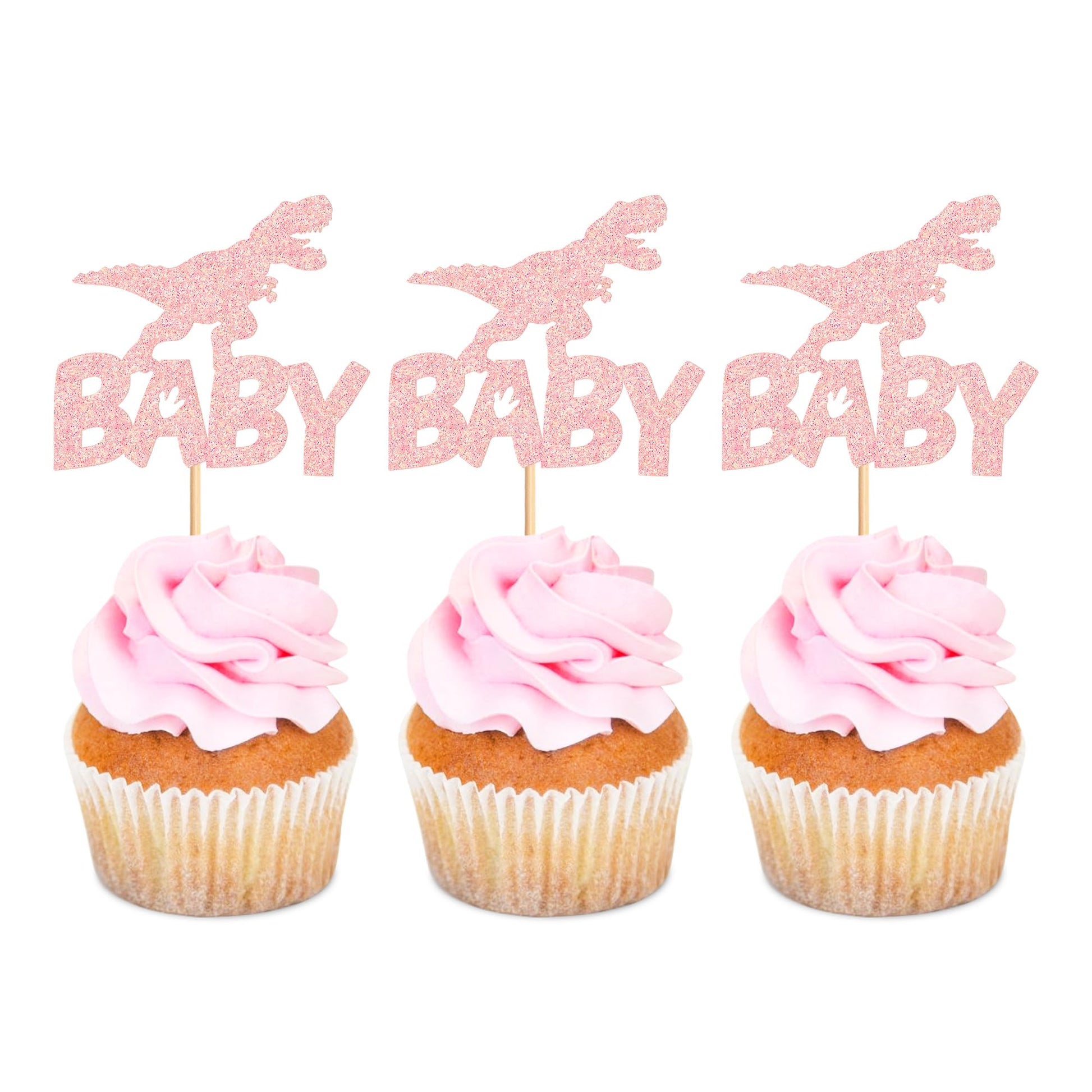 Ercadio 24 Pack Dinosaur Baby Cupcake Toppers Pink Glitter Dinosaur Baby Cupcake Picks Little Dino Baby Cupcake Picks For Dinosa