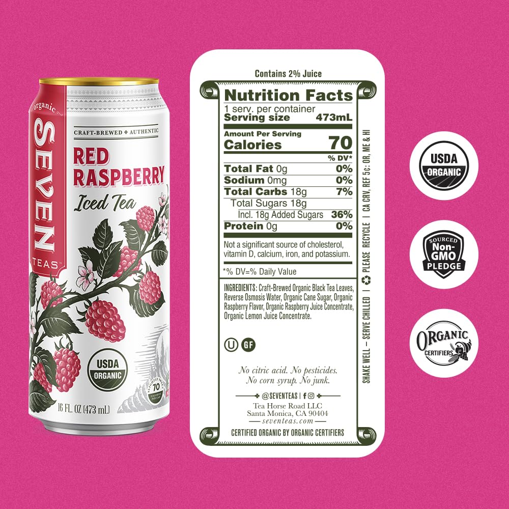 Seven Teas Red Raspberry Iced Tea, Lightly Sweetened, Pack of 12 Cans, 16 OZ