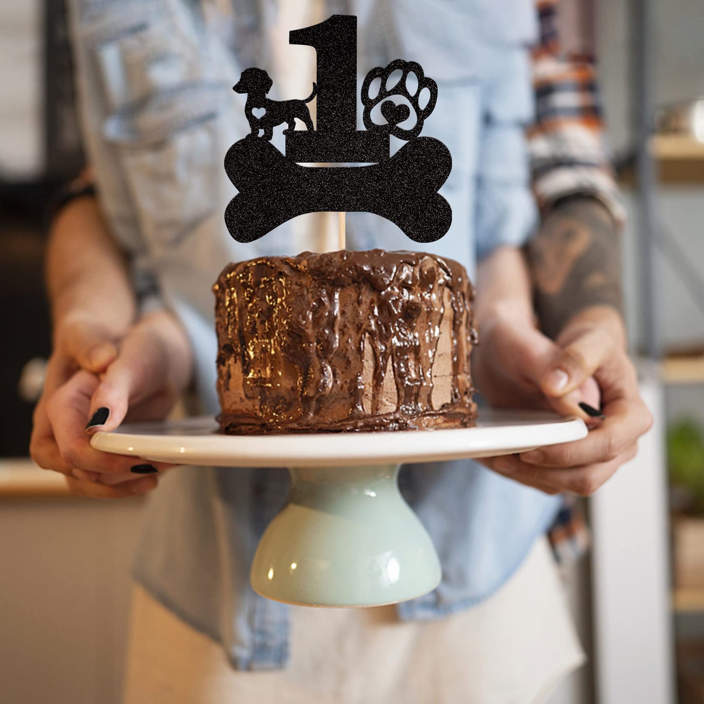 1 Pcs 1St Birthday Cake Topper Black Glitter Dog Paw One Year Old Birthday Puppy Dog Bone Cake Pick For Let'S Pawty Baby Shower