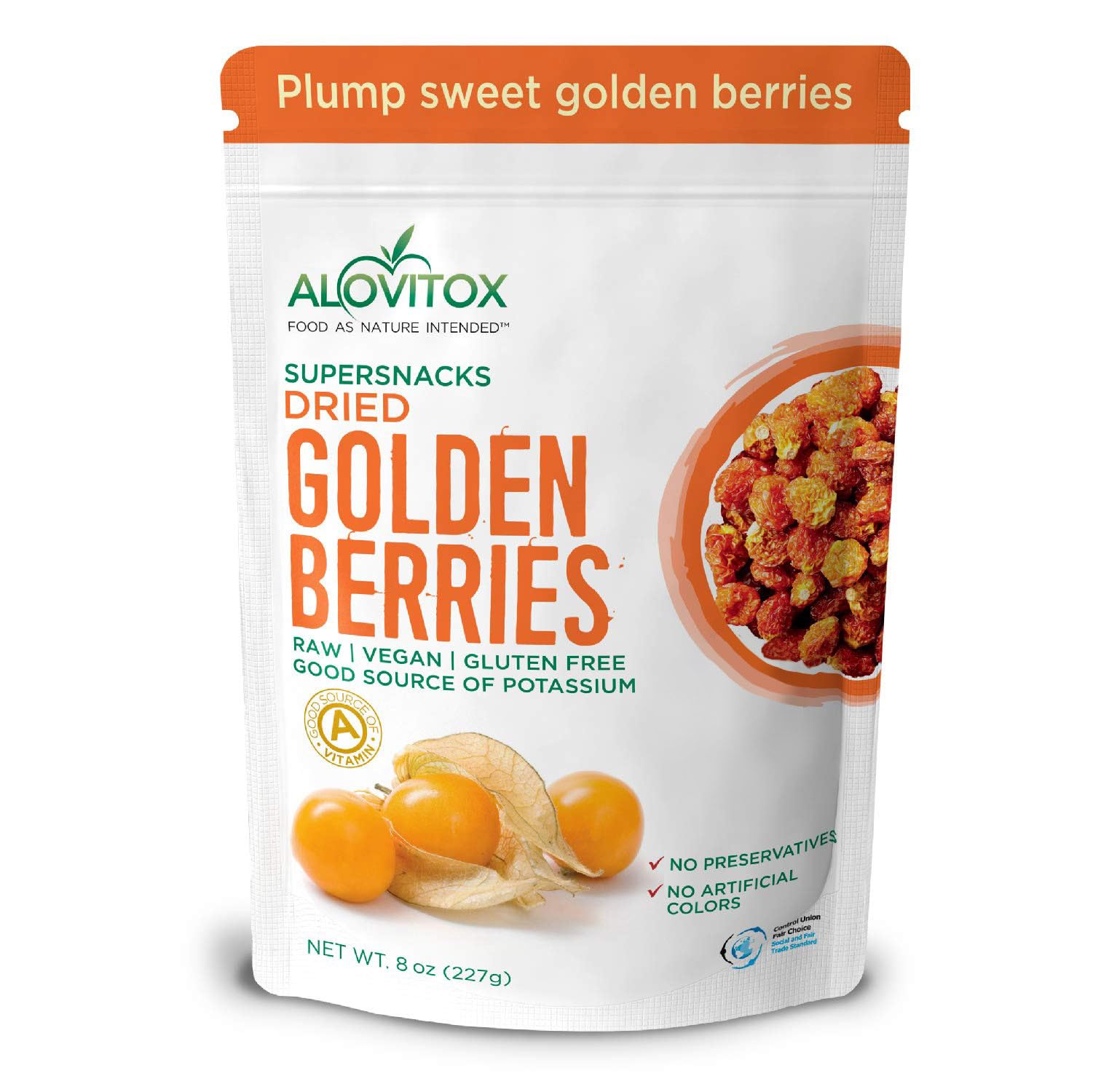 Alovitox Sun Dried Golden Berries | Raw, Fresh & Organic | 1 oz Contains 2g Protein & 5g Fiber, Low-Calorie & Glycemic Index | W