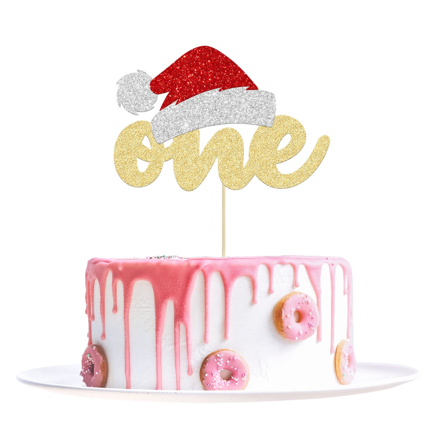 1Pc Christmas One Cake Topper Glitter Santa Hat First Birthday Cake Topper Decorations For Winter Christmas First Birthday Babys