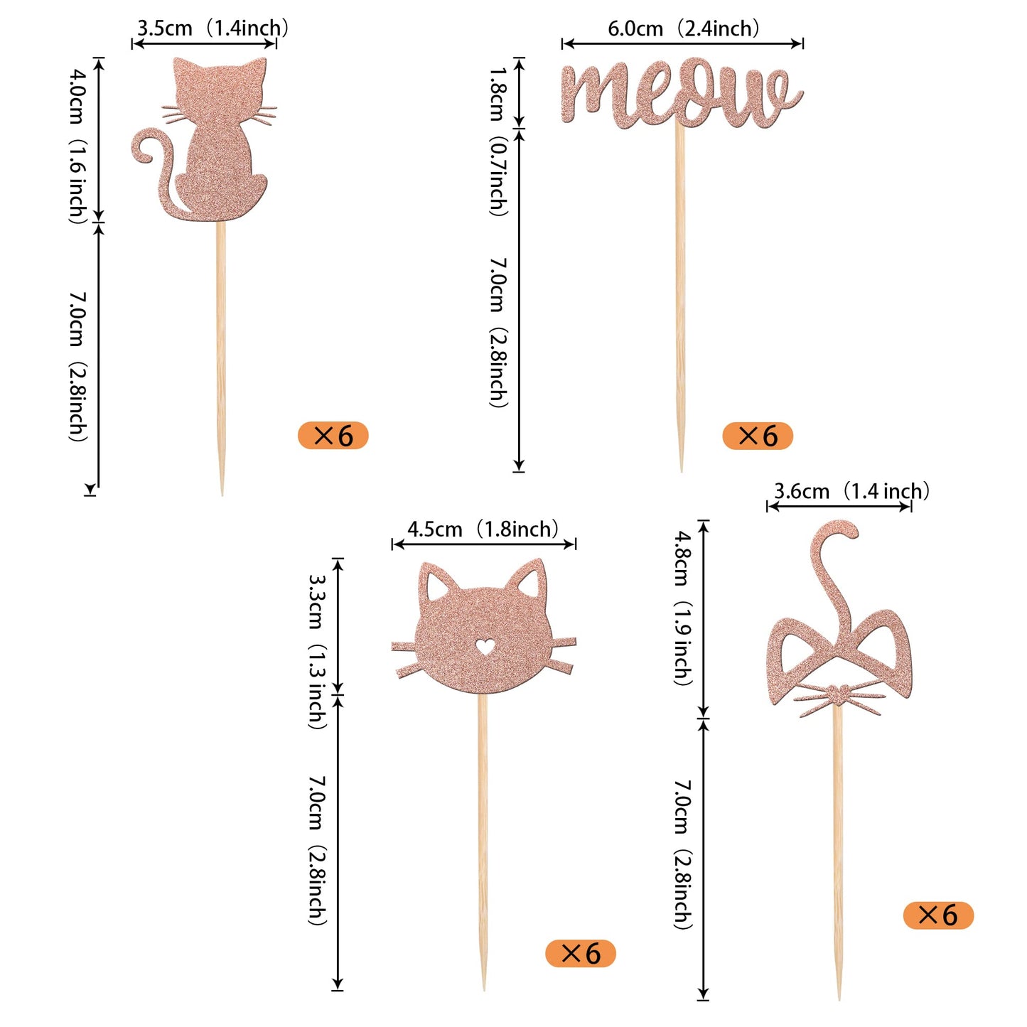 YCTHUNFISH Cat Cake Toppers - 24 Pc Black Glitter Cupcake Decorations - Small - Meow Rose Gold