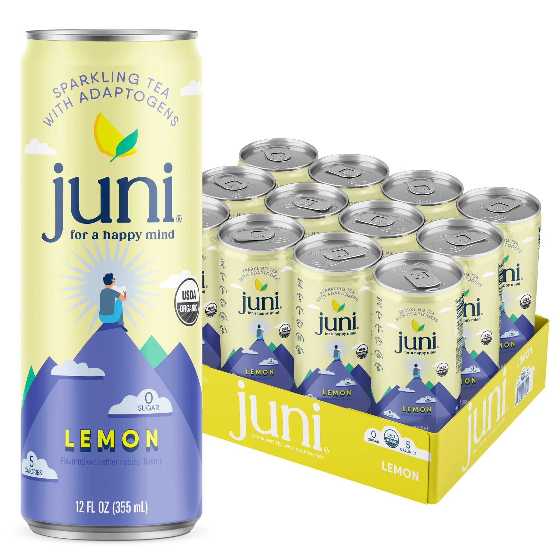 Juni Sparkling Tea with Adaptogens  Lemon Tea  Zero Sugar  5 Calories  Organic  Iced Tea  Natural Caffeine from Green Tea  Vegan  Adaptogen Drink  12 Fl Oz Cans (12-Pack)