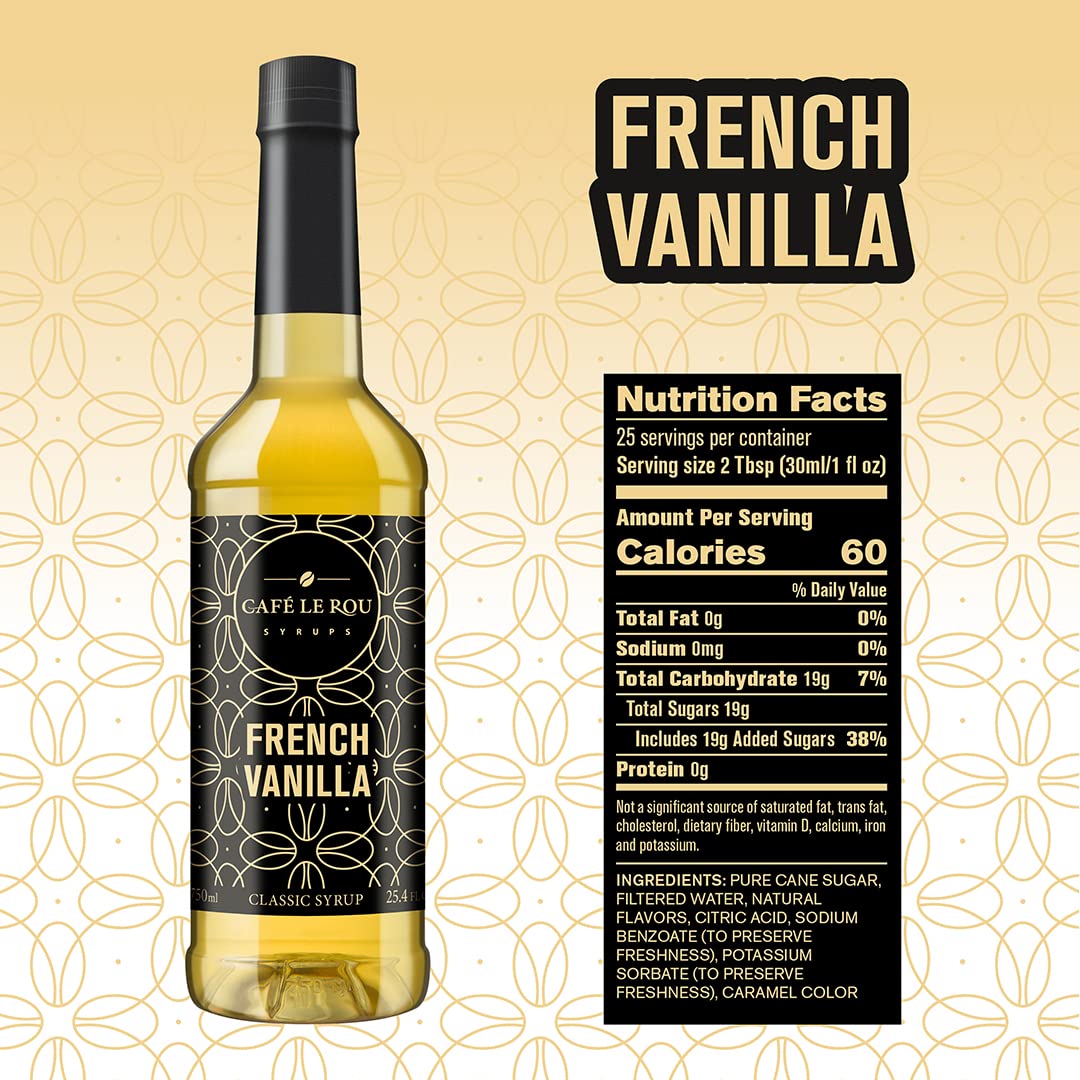 Caf? Le Rou Coffee Syrup Variety 5-Pack- 25.4 oz Vanilla  French Vanilla  Caramel  Salted Caramel  Hazelnut Coffee Flavoring Syrup for Coffee  Tea and Espresso