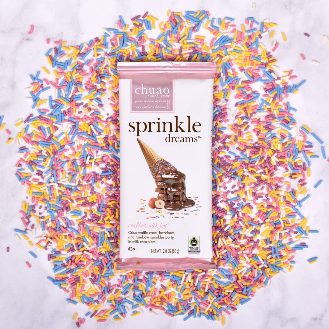 Chuao Chocolatier Sprinkle Dreams Milk Chocolate Bars | Gourmet Waffle Cone No Preservatives | For Gift Baskets, Thank You, Care Package | 3 Pack