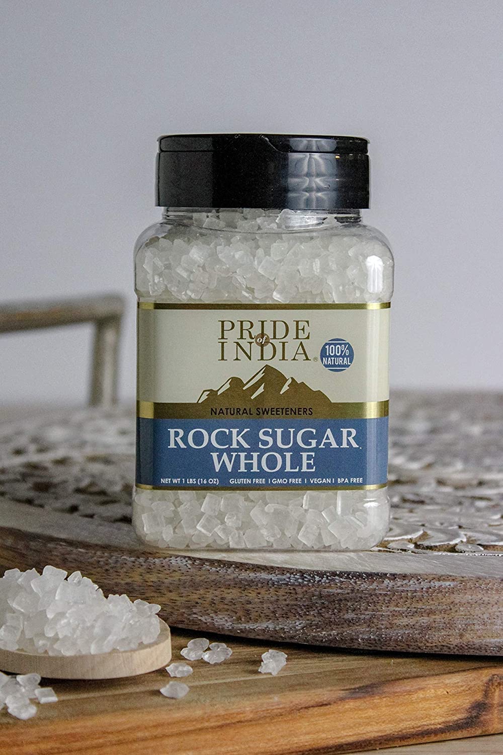 Pride Of India - Natural Crystal Rock Sugar Whole - 12 Oz (340 Gm) Medium Dual Sifter Jar - Authentic Indian Sugar Crystals - Us