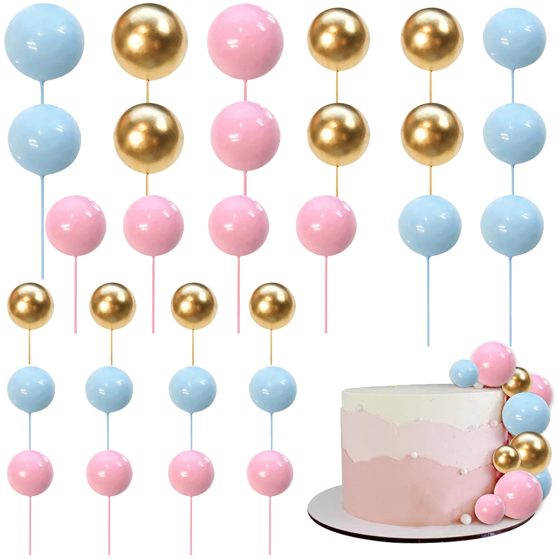 Rsstarxi Mini Balloon Cake Topper Set, 30 PCS Foam Pearl Balls, Gold Pink Blue, Model XM237