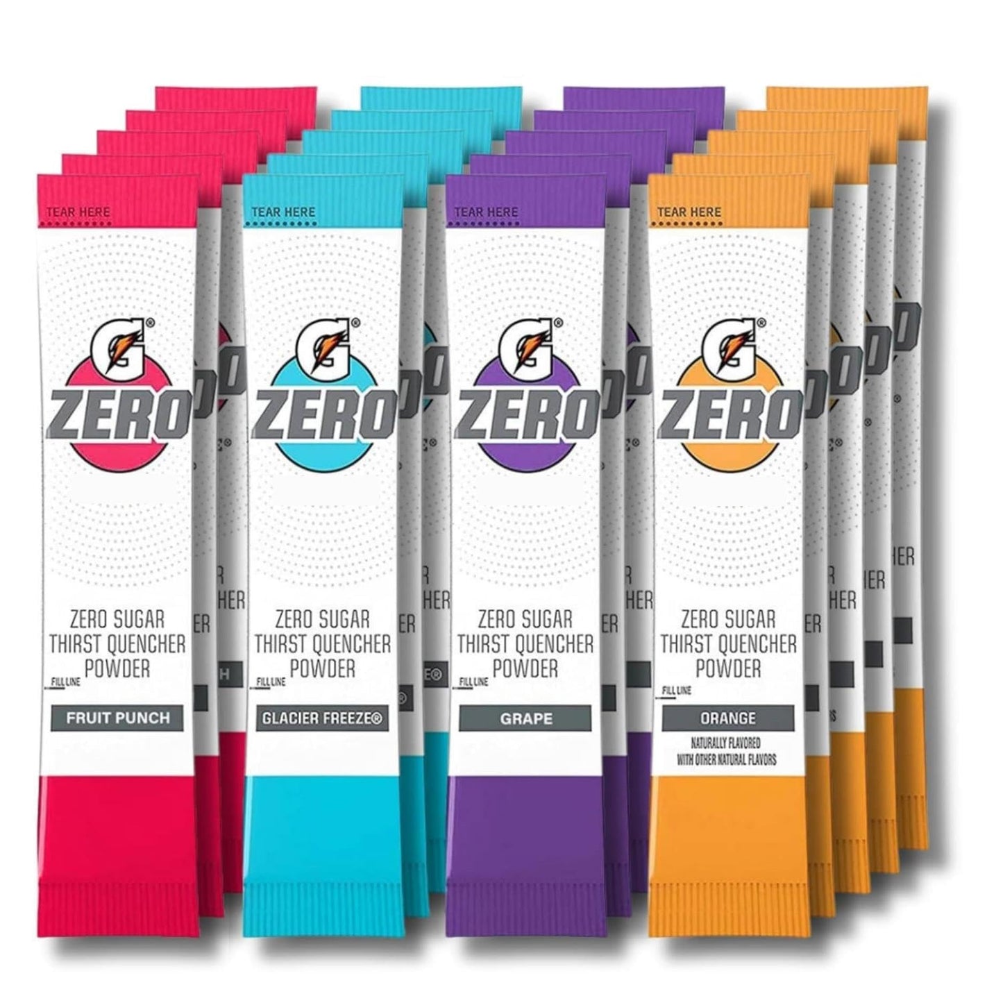 Gatorade G Zero Sugar Thirst Quencher Powder, (Pack Of 40) 10 Flavors Of Each (Fruit Punch, Orange, Grape & Glacier Freeze)