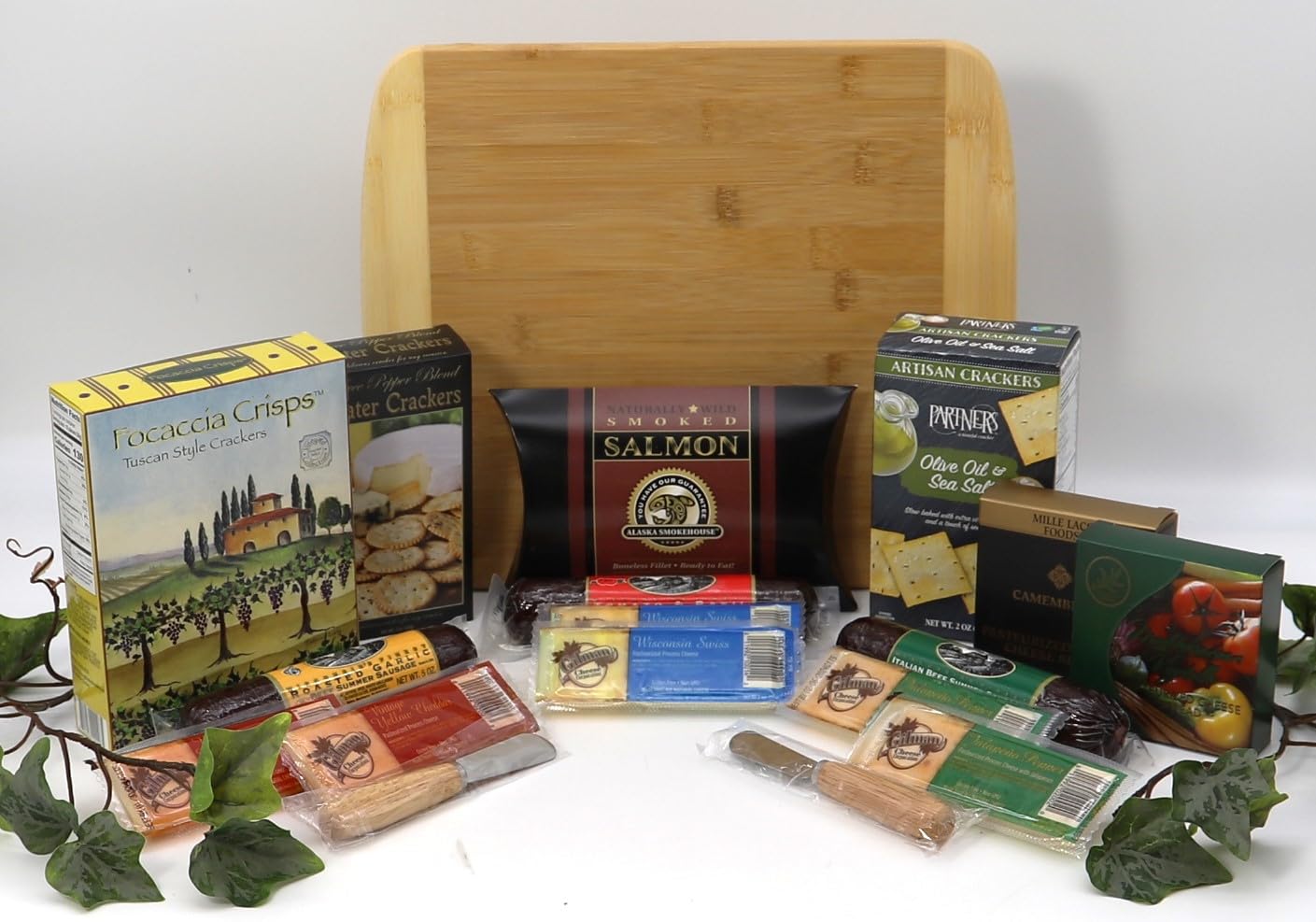 Gift Basket Village Gourmet Cutting Board Set - Crackers, Sausages, Salmon, Cheeses - Large - Brown - Handcrafted in the USA