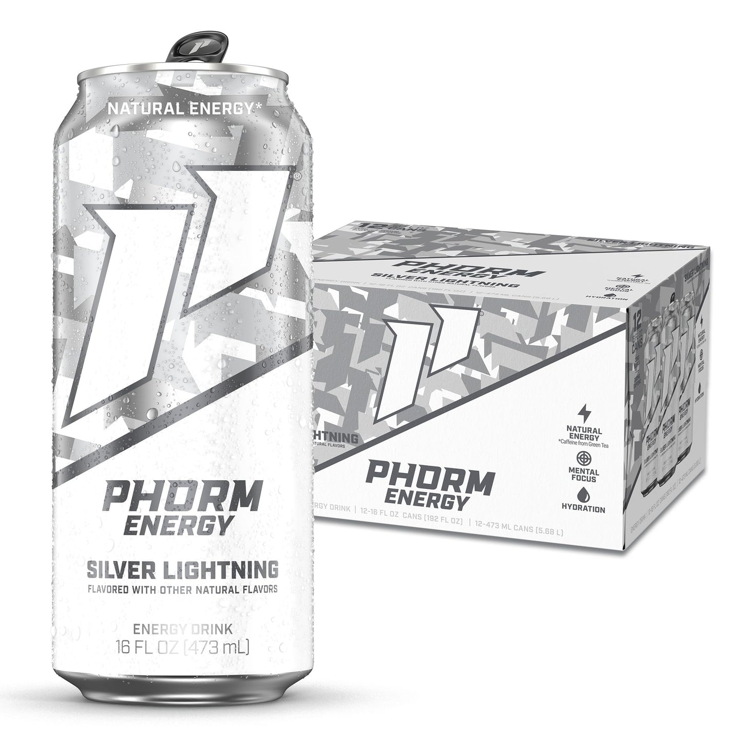 Phorm Energy Drink  Silver Lightning Flavor  200 Mg Natural Energy Blend From Green Tea  Sugar Free Carbonated Drink With Electrolytes & Vitamin B12  Dairy & Gluten Free  Vegan  16 Fl Oz Cans  12 Pack