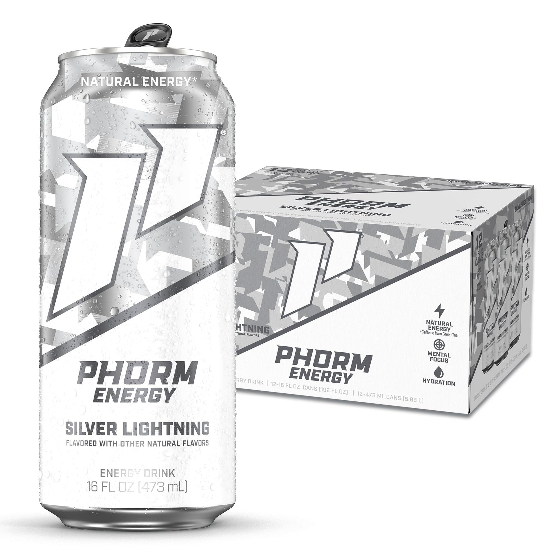Phorm Energy Drink  Silver Lightning Flavor  200 Mg Natural Energy Blend From Green Tea  Sugar Free Carbonated Drink With Electrolytes & Vitamin B12  Dairy & Gluten Free  Vegan  16 Fl Oz Cans  12 Pack