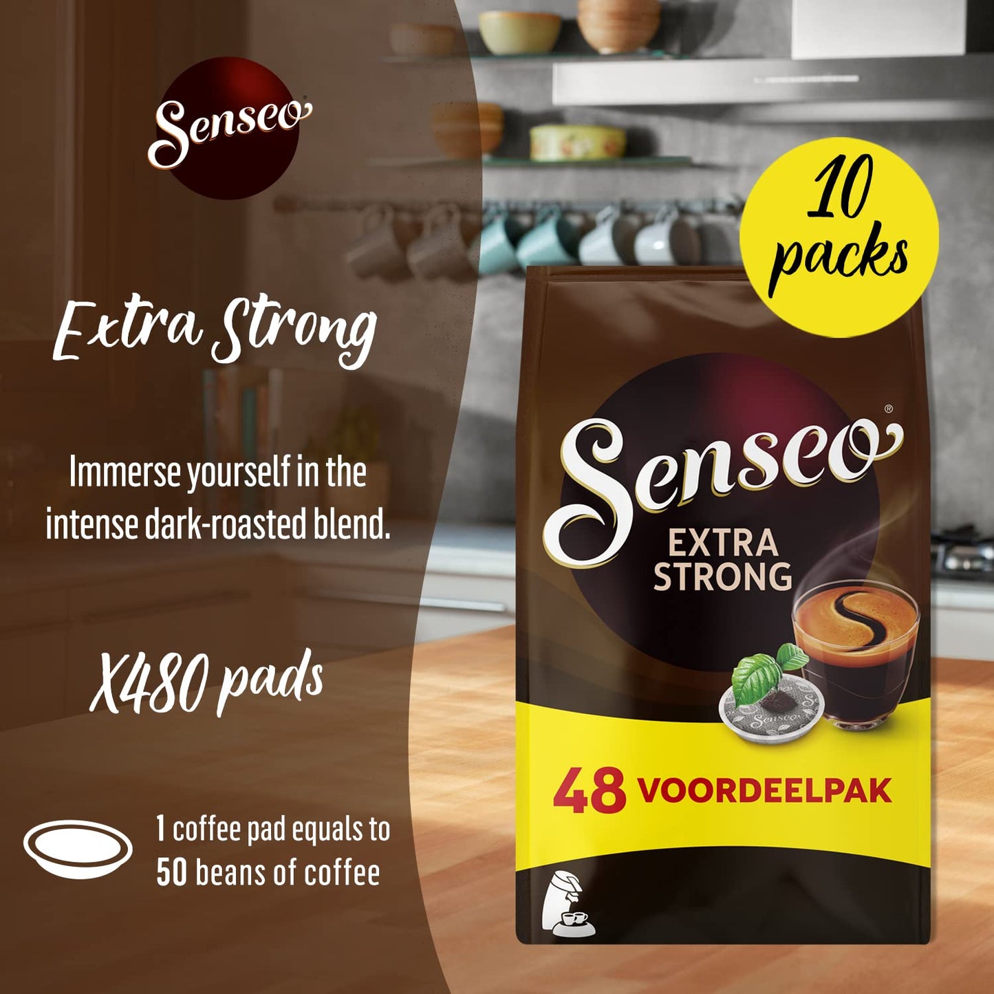 Senseo Extra Strong Dark Roast Coffee Pods, 48 Count (Pack Of 10) - Single Serve Coffee Pods Bulk Pack For Senseo Coffee Machine - Compostable Coffee Pods For Hot Or Iced Coffee, Cold Brew Coffee