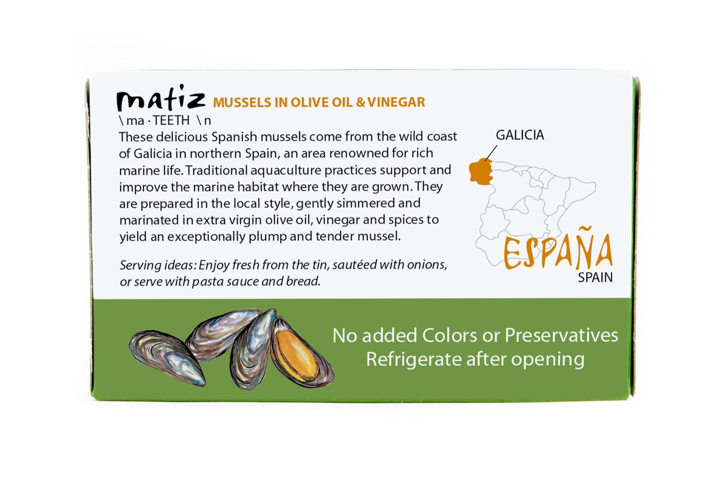 Matiz España Mussels in Extra Virgin Olive Oil & Apple Cider Vinegar, 4 oz. (Pack of 12), Handcrafted in Galicia, Spain