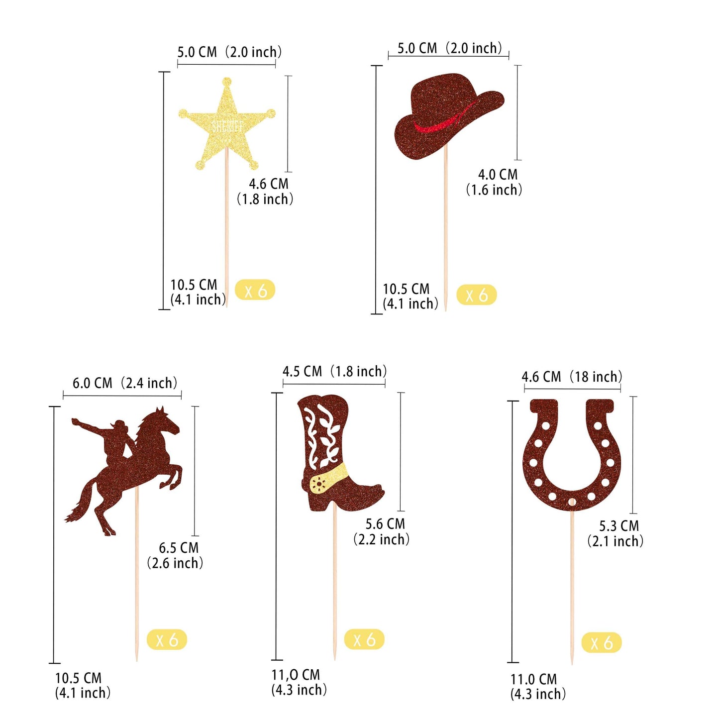 Gexolenu 30 Pcs Cowboy Cupcake Toppers 5 Shapes Glitter Double-Sided Horseshoe Cowboy Hats Boots Cupcake Picks For Western Theme