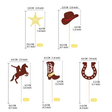 Gexolenu 30 Pcs Cowboy Cupcake Toppers 5 Shapes Glitter Double-Sided Horseshoe Cowboy Hats Boots Cupcake Picks For Western Theme