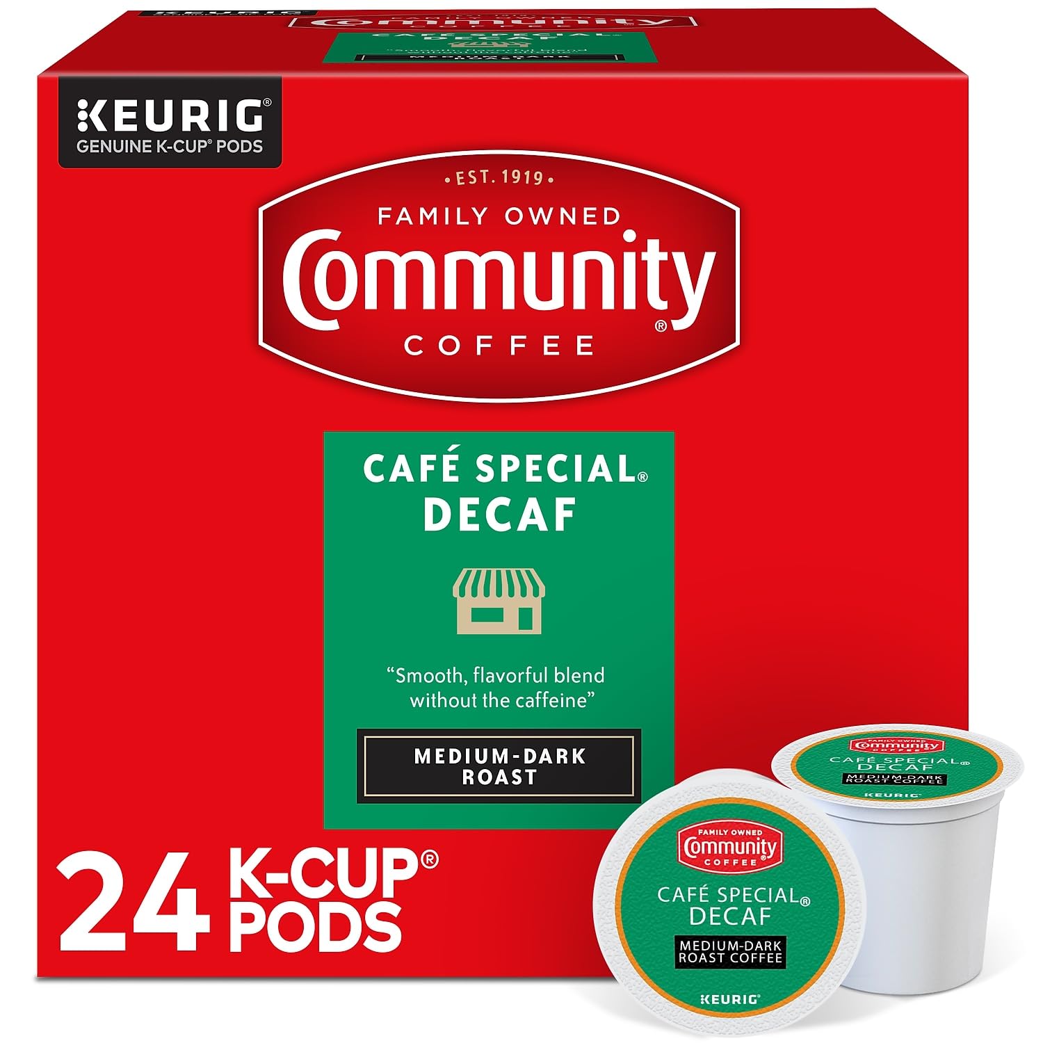 Community Coffee Café Special Decaf Medium-Dark Roast Coffee Pods, Compatible with Keurig 2.0, 24 Count
