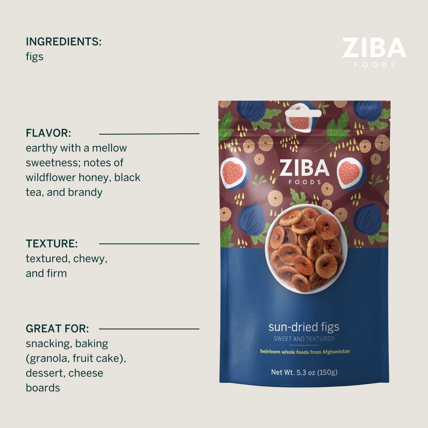 Ziba Foods Sun Dried Figs | No Sugar Added, Non-GMO, Gluten Free | 5.3 oz Dried Fig Snack