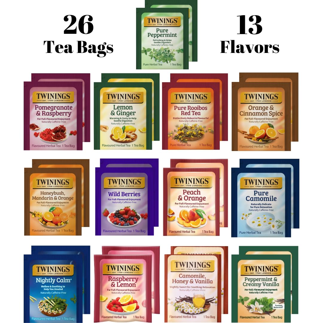 Twinings Herbal Tea Variety Pack - 26 Individually Wrapped Bags, 13 Caffeine-Free Flavors, 1 Count (Pack of 26)