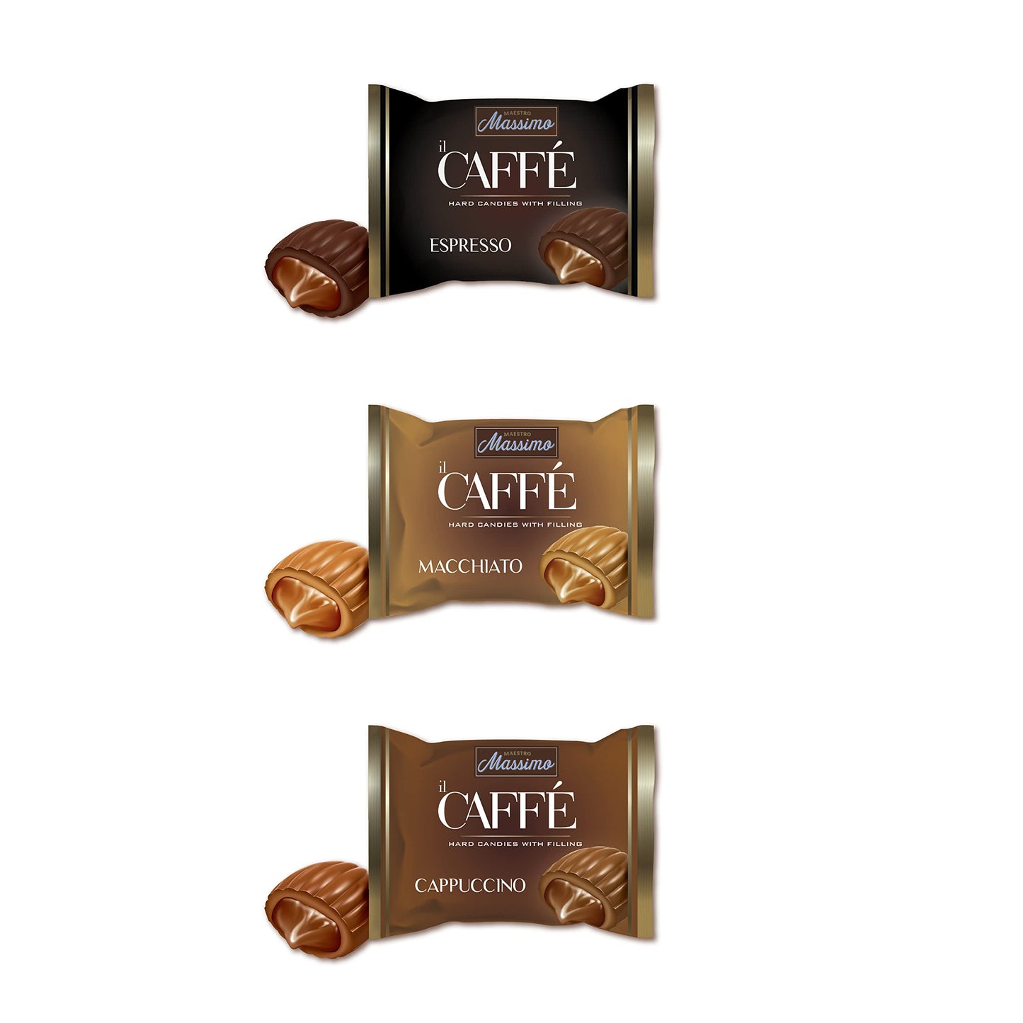 MAESTRO MASSIMO Coffee Candy, Center Filling, 3mg Caffeine, Macchiato, Espresso, Cappuccino Flavors, 7.05 oz Bag, Individually Wrapped