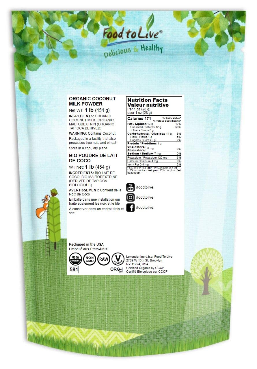 Food To Live Organic Coconut Milk Powder, 1 Pound – Non-Gmo, Dehydrated Fresh Coconut Milk, Pure, Unsweetened, Vegan, Bulk. Dairy Free, Keto-Friendly. Plant-Based Creamer. Contains Maltodextrin