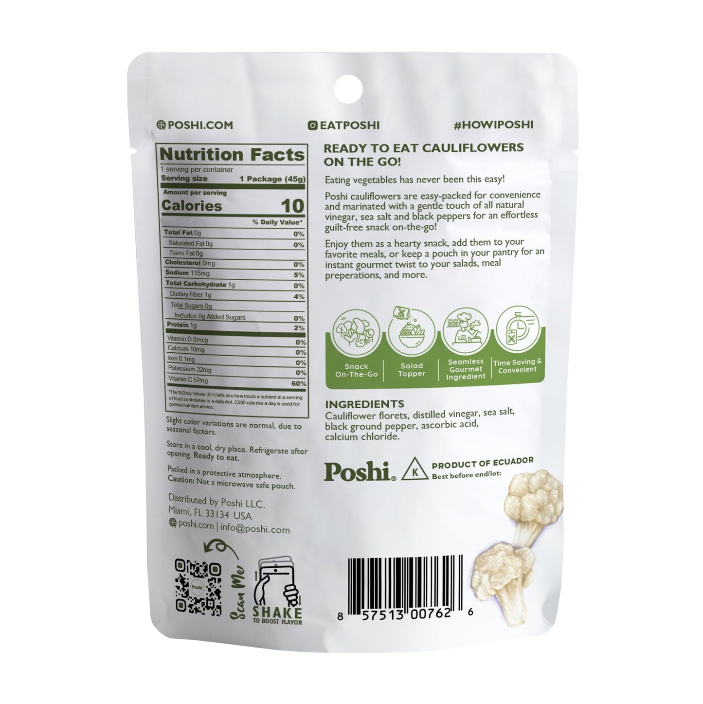 Poshi Marinated Cauliflower Florets Snack Pack | Salt + Pepper | Keto, Vegan, Paleo, Non Gmo, Low Carb + Calorie, Gluten Free, F