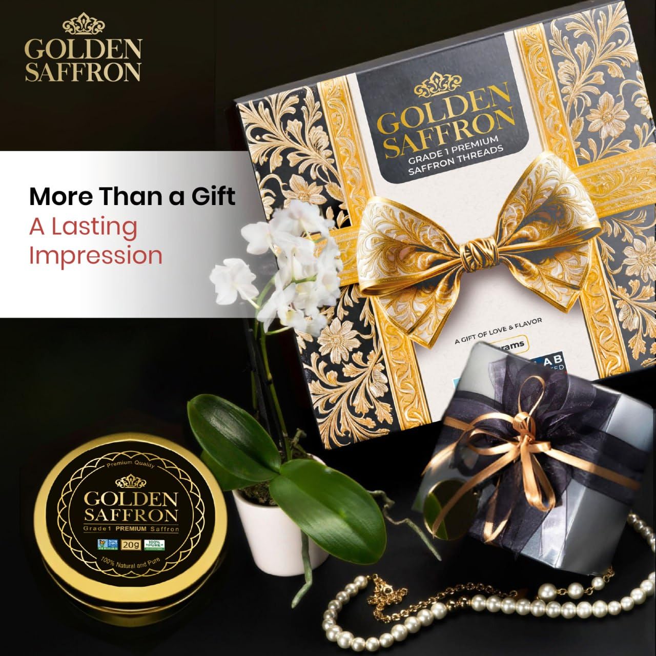 Golden Saffron Luxtury Gift Box, Enhanced All Red Saffron Threads, Grade A+ Super Negin, Perfect For Any Occasions Non-Gmo Verified For Tea, Paella, Rice, Desserts, And Risotto (28.0 Grams Gift Box)