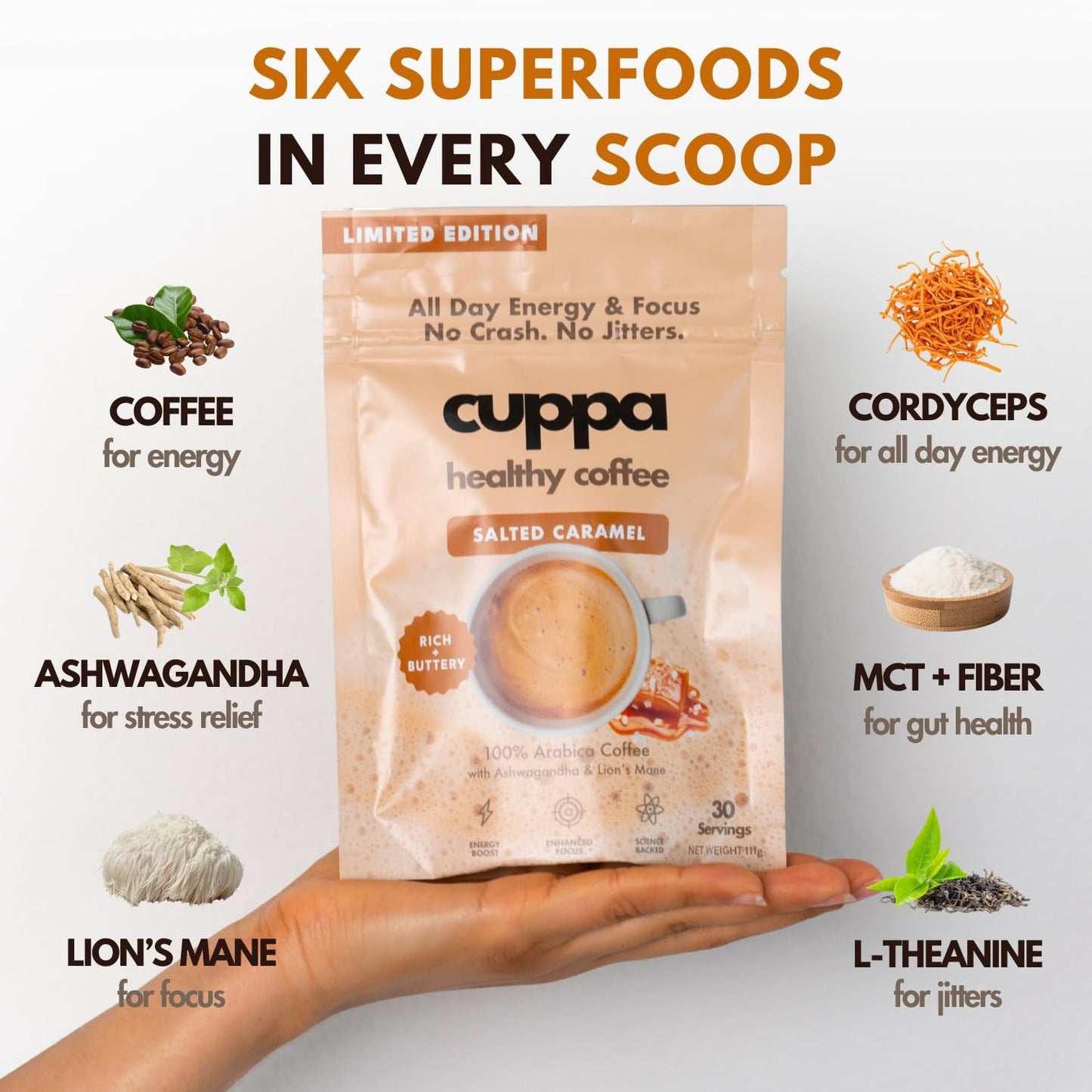 Cuppa Salted Caramel Healthy Mushroom Insant Coffee with Lions Mane & Ashwagandha for All Day Energy & Focus - No Crash or Jitters - Nootropics for Brain Health  Gut Health  Immunity  Stress  Memory + Mood - 60 Servings
