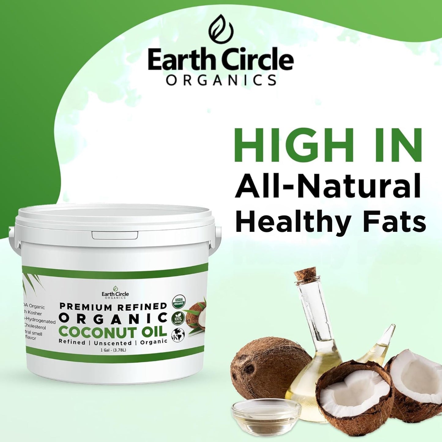 Earth Circle Organics Refined Coconut Oil - Ultra Premium, 128 Fl Oz, Keto & Paleo Friendly, 1 Gallon
