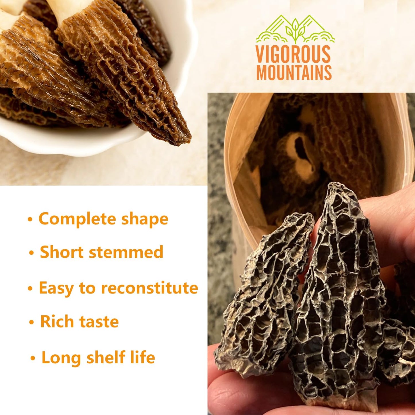 Vigorous Mountains Organic Dried Morel Mushrooms For Cooking, Intact Shapes, Short Stems With Rich Aroma Premium Dry Morels 1.5