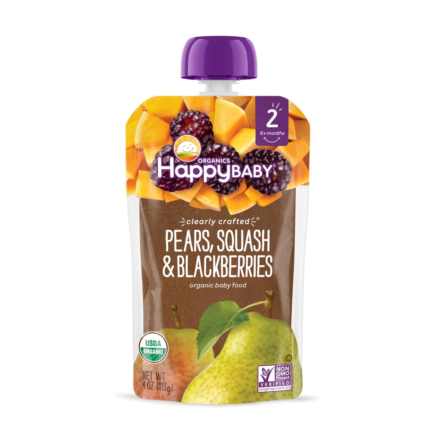 Happy Baby Organics Clearly Crafted Stage 2 Baby Food, Pears, Squash & Blackberries, 4 Ounce Pouch (Pack Of 16)