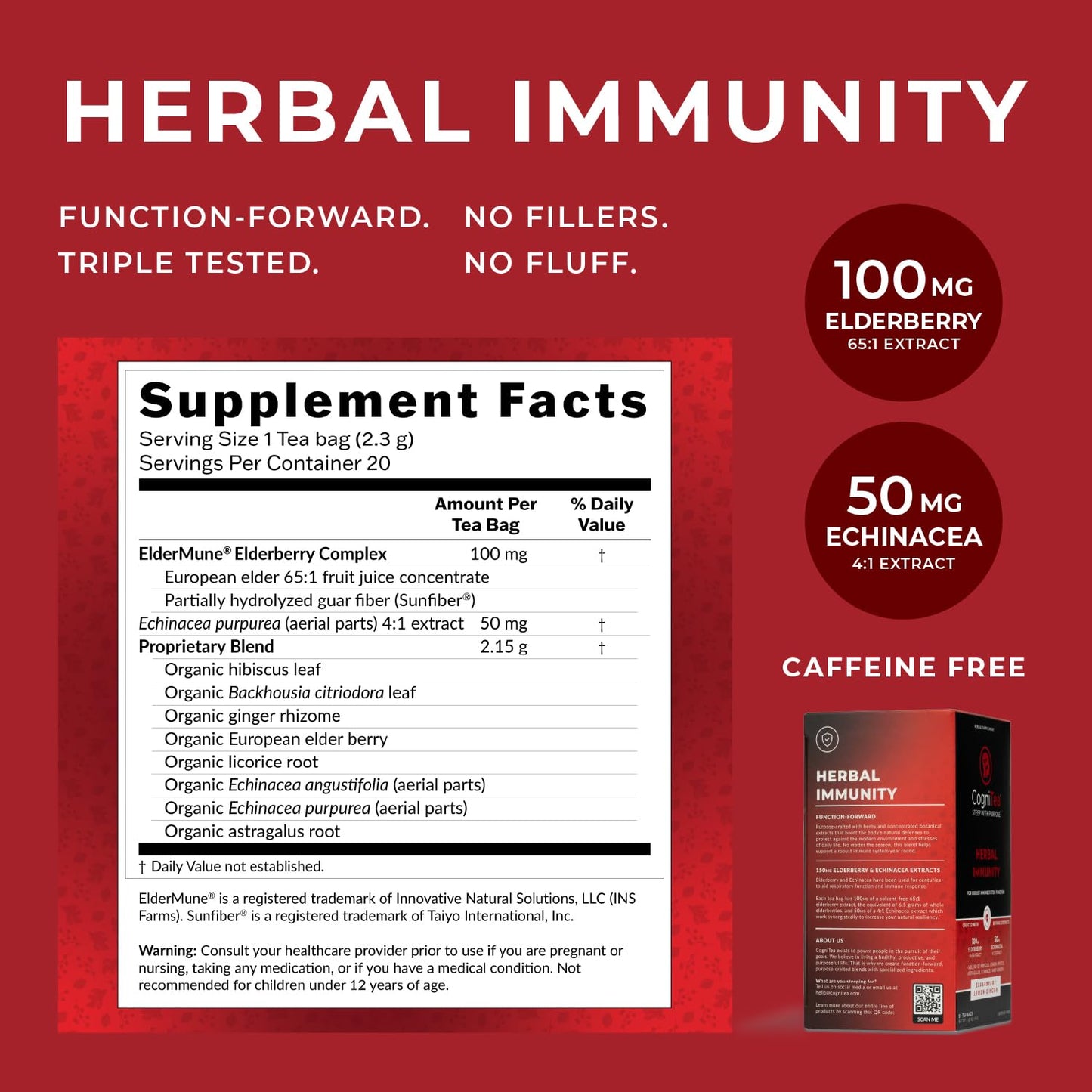 CogniTea Herbal Immunity Tea - Immune System Booster - 20 Count - Caffeine Free - Elderberry, Echinacea, Lemon & Ginger
