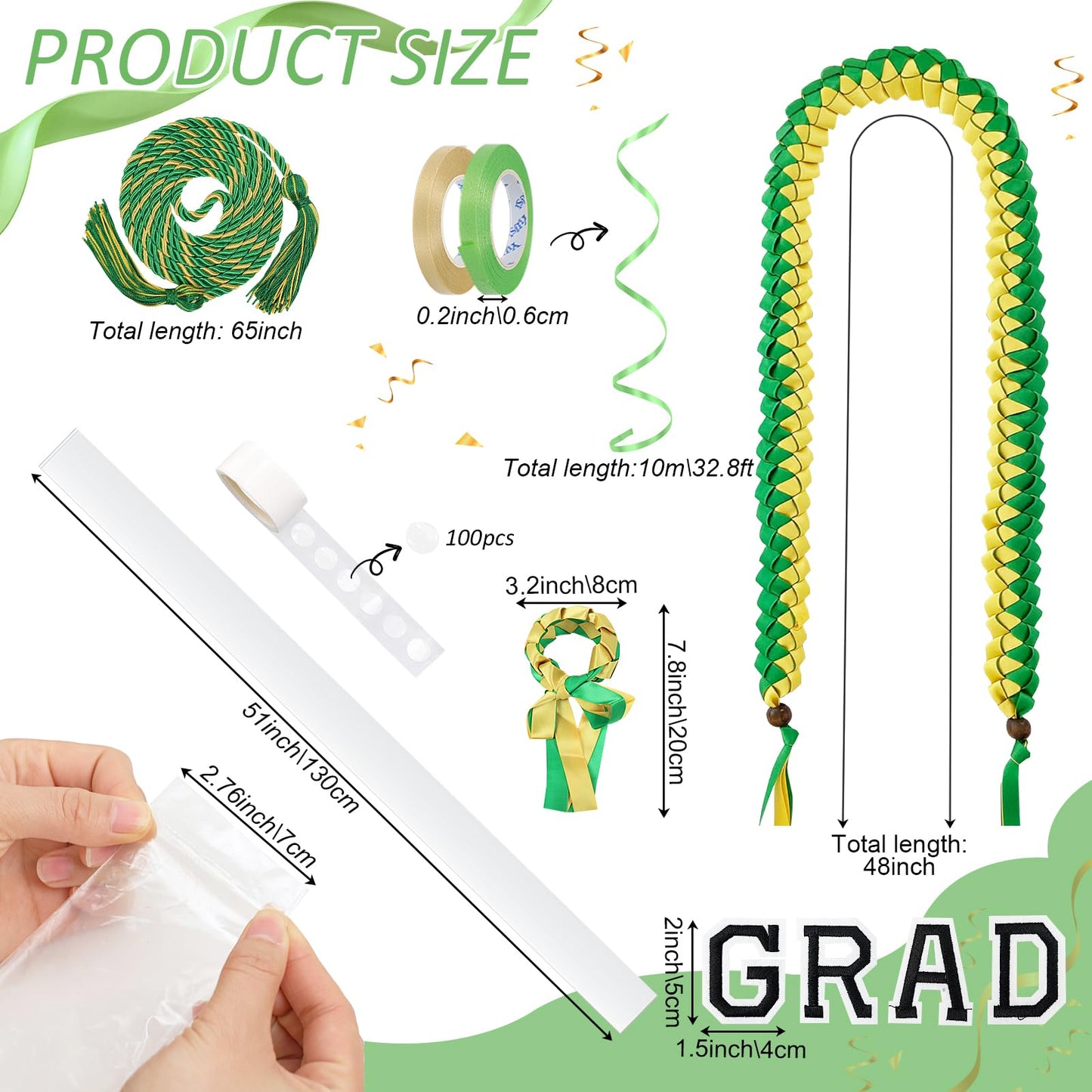 TKNOUS Graduation Ribbon Leis Kit, 10 Pcs Green Gold Candy Lei with Honor Cord, Class of 2025, Polyester, Model Lei-G