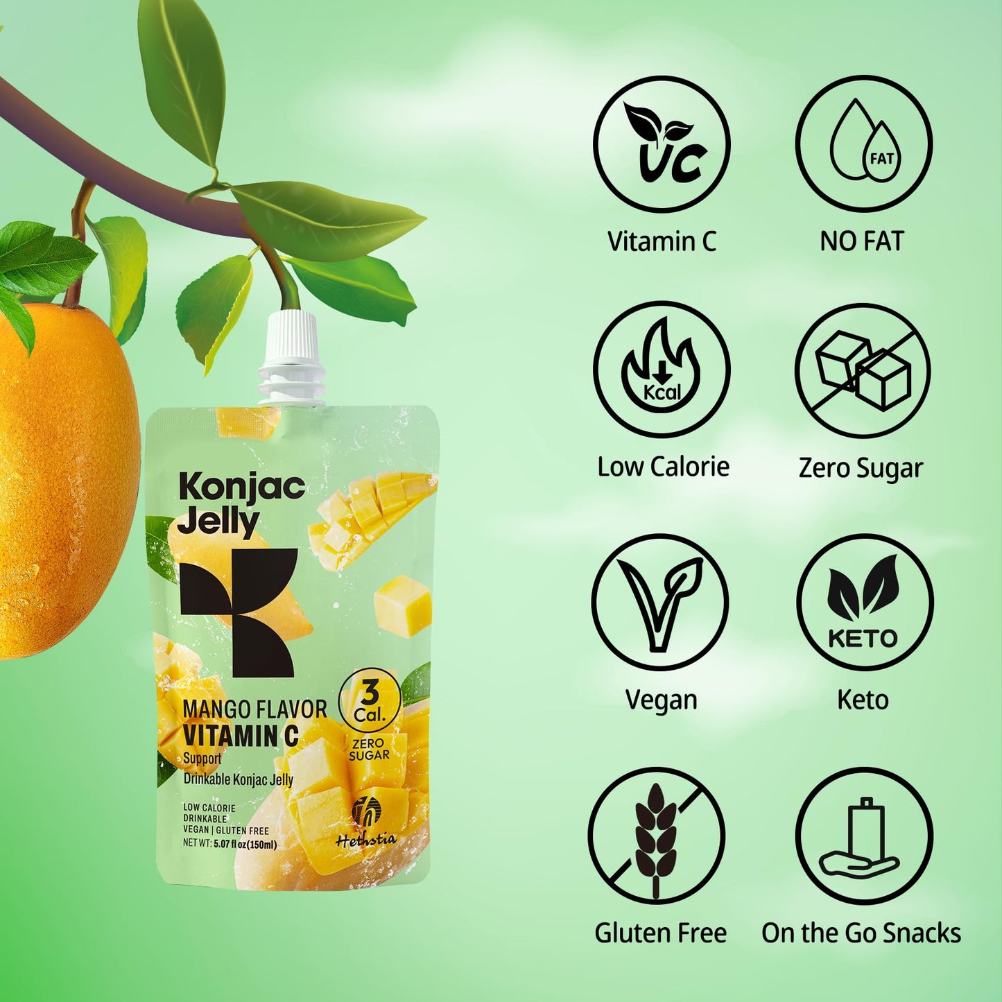 Hethstia Konjac Jelly Mango Flavor – 10 Pack, 3 Calories, Vegan, Gluten-Free, Healthy Snacks