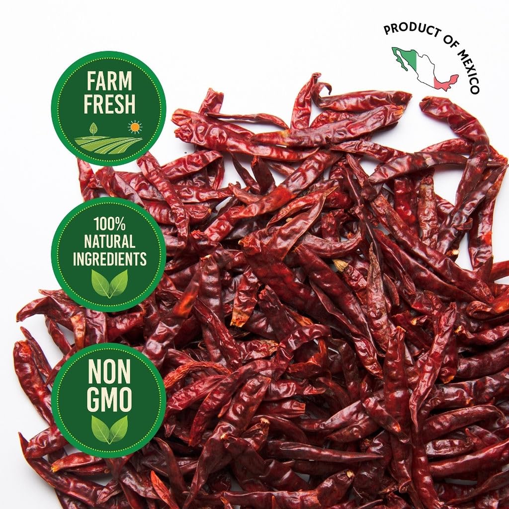 Doa Blanca Chile De Arbol 1Lb - Dried Whole Red Chili Peppers - Premium Dried Stemless Chiles - Spicy Hot Heat - Use In Mexican,