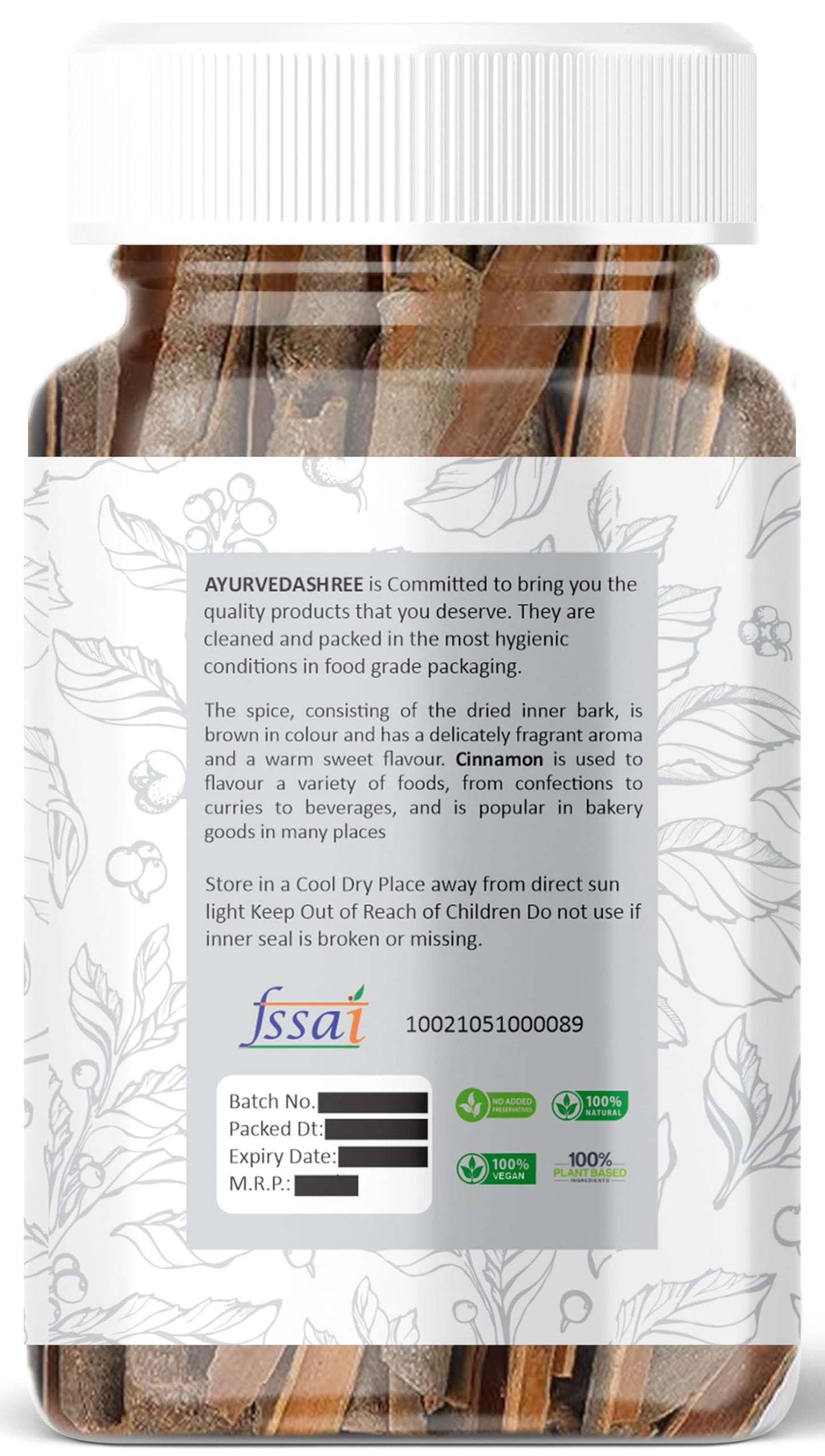 AYURVEDASHREE Cinnamon (Desi Dalchini) 60gm PET Jar | All Natural | Vegan | No Colors | NON-GMO | Cinamon Bark | Dalchini Chhaal