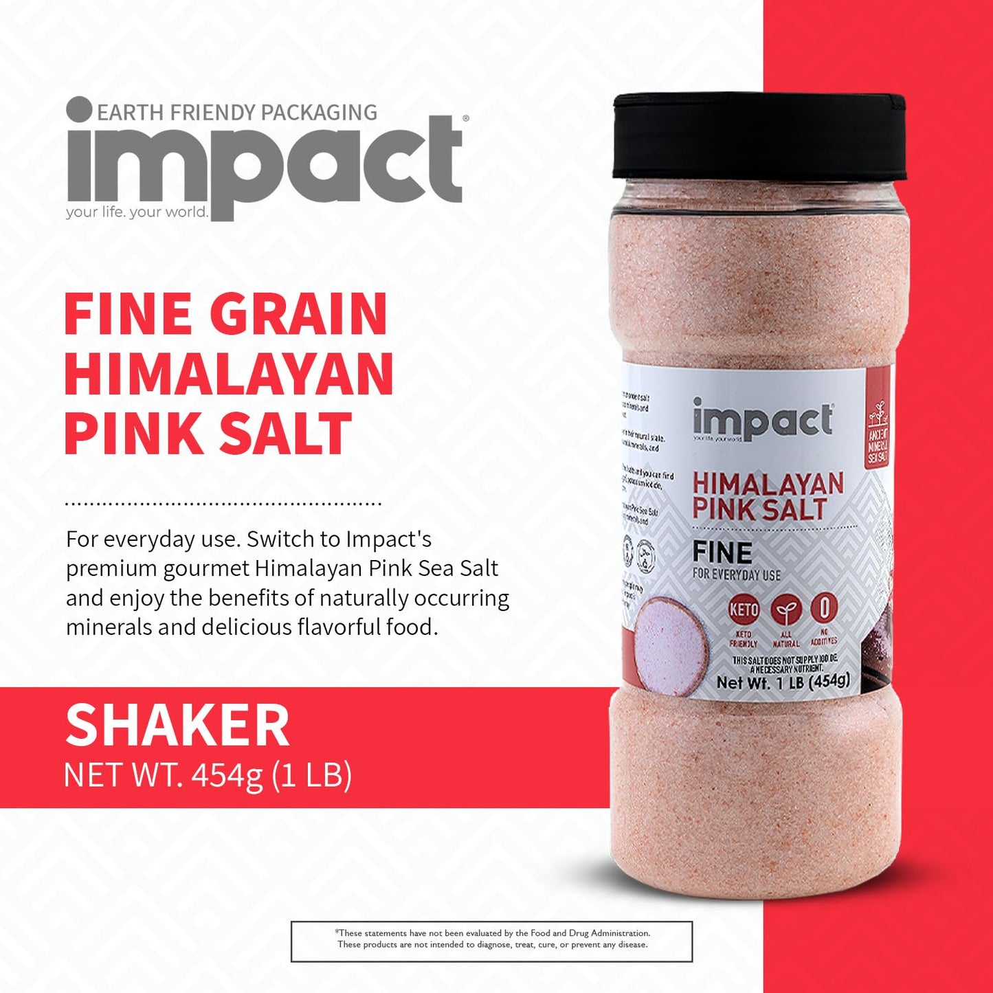 Impact Himalayan Pink Sea Salt Fine, Non-GMO, Gluten-Free, 16 Ounce Shaker