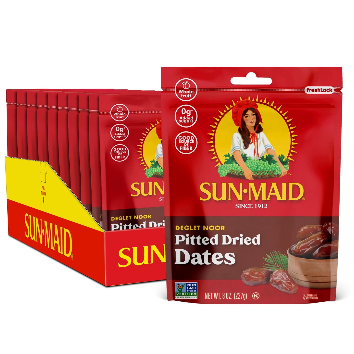 Sun-Maid Deglet Noor Pitted Dried Dates - (Pack of 10) 8 oz Resealable Bag - Pitted Deglet Noor Dates Dried Fruit Snack for Lunc