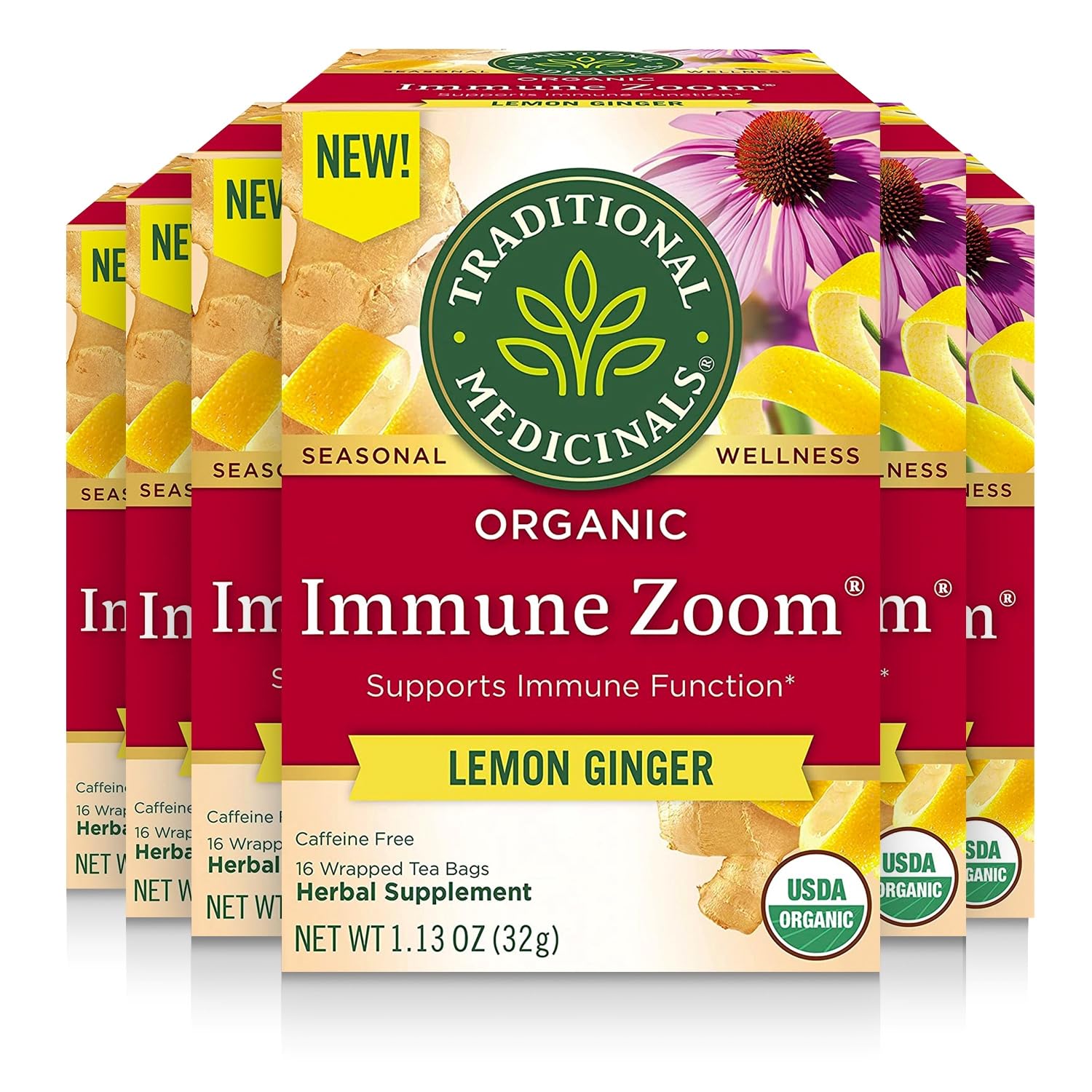 Traditional Medicinals Tea, Organic Lemon Ginger, 96 Tea Bags (6 Pack), Supports Immune Function